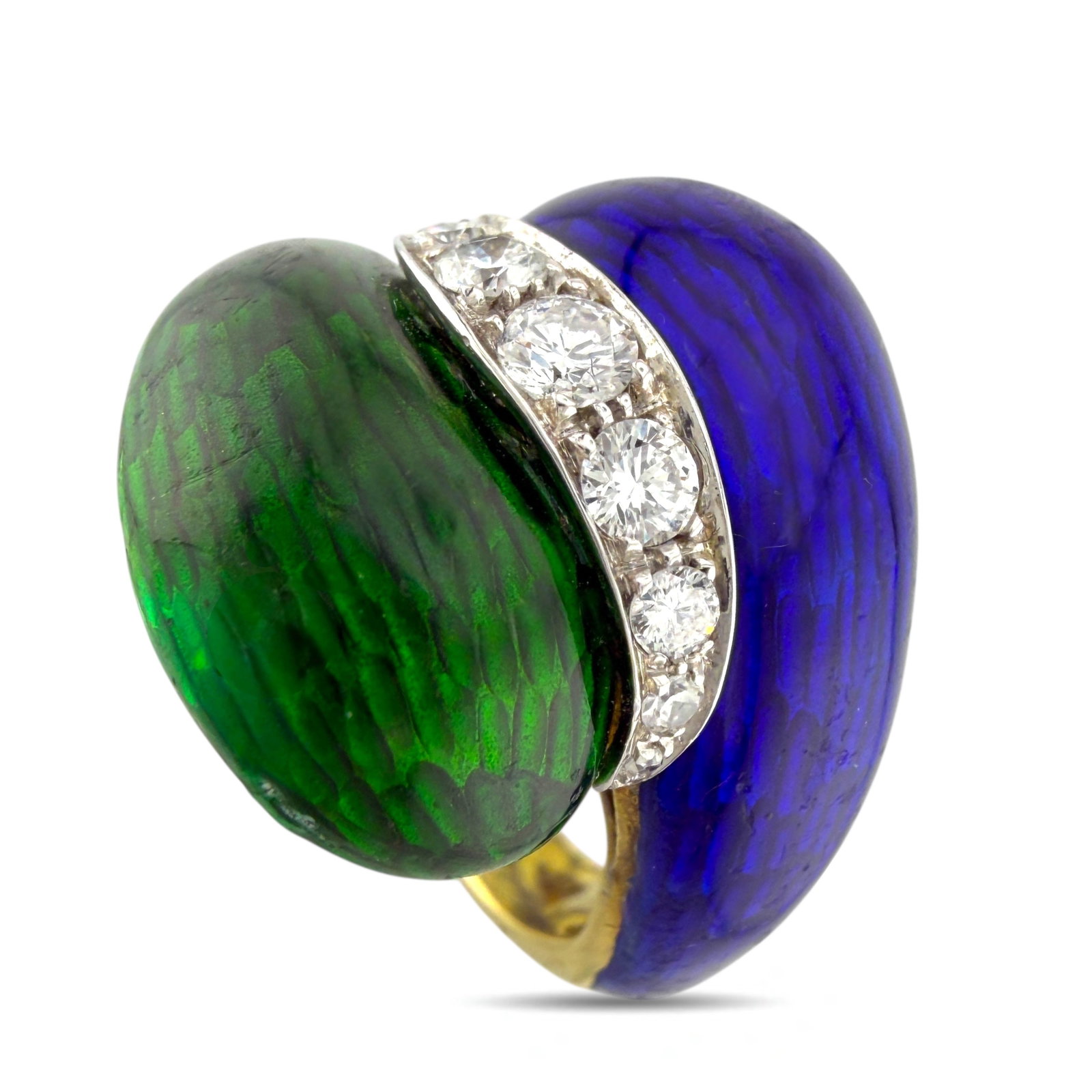 18K Yellow Gold 0.27ct Diamond, Blue, and Green Enamel Centerline Ring: 18K Yellow Gold 0.27ct Diamond, Blue, and Green Enamel Centerline Ring This elegant ring showcases a harmonious blend of blue and green enamel on either side, converging at the center with a sparkling