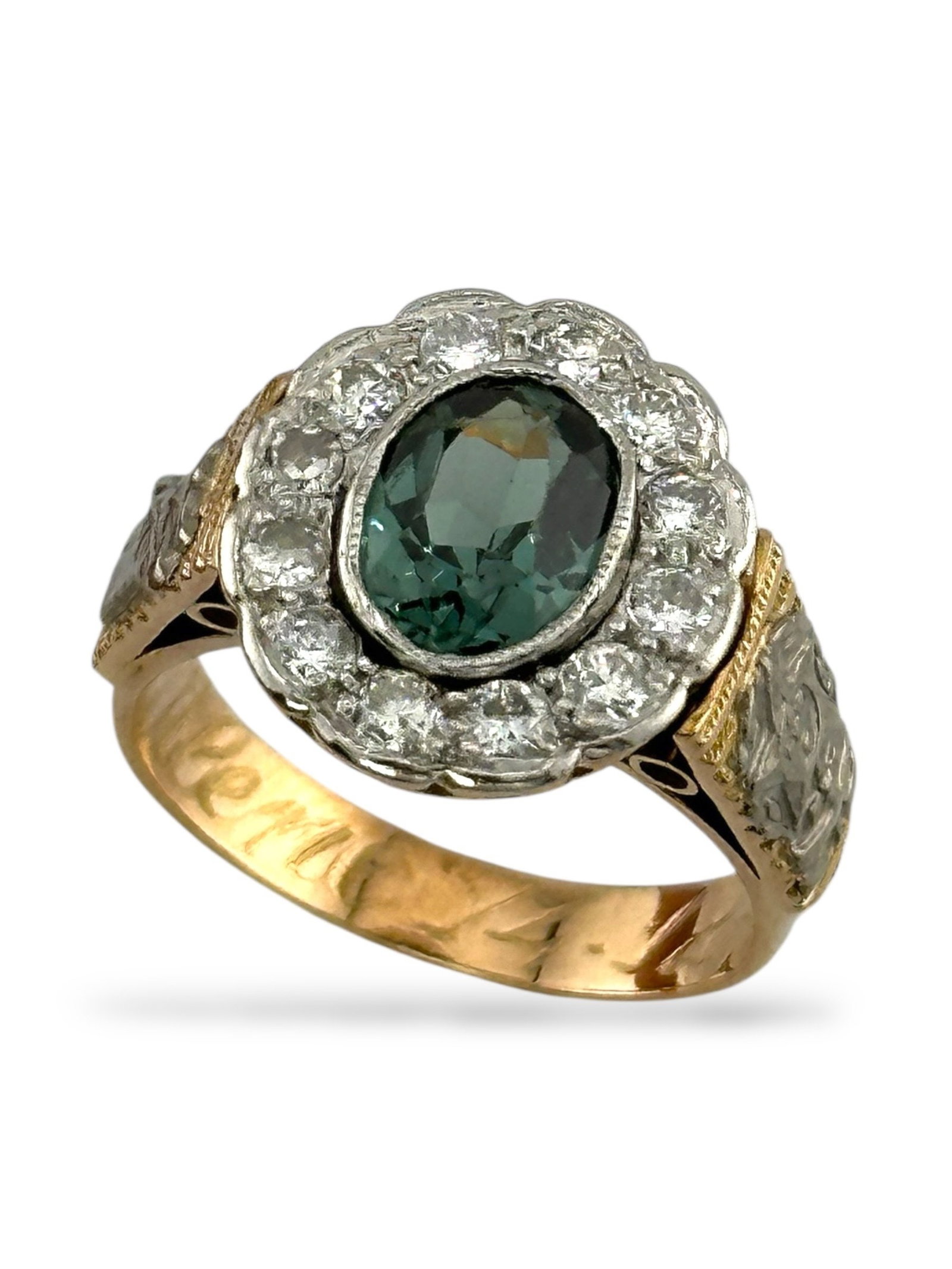 Antique 14K Rose Gold Ring with Diamonds and Green Tourmaline: Antique 14K Rose Gold Ring with Diamonds and Green Tourmaline This elegant ring is crafted in 14K rose gold and features a richly hued green tourmaline as its centerpiece. The gem's vivid tone is enha