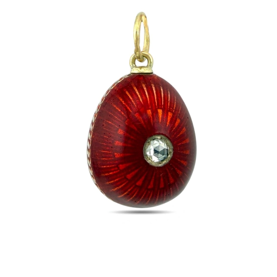 Antique Russian Faberge 56K Yellow Gold Red and White Enamel 0.2ct Diamond Egg Pendant: Imperial Russian Faberge 56K Yellow Gold Red and White Enamel 0.2ct Diamond Egg Pendant Imperial Russian Faberge egg pendant of remarkable craftsmanship, executed in 14K yellow gold and bearing the 56