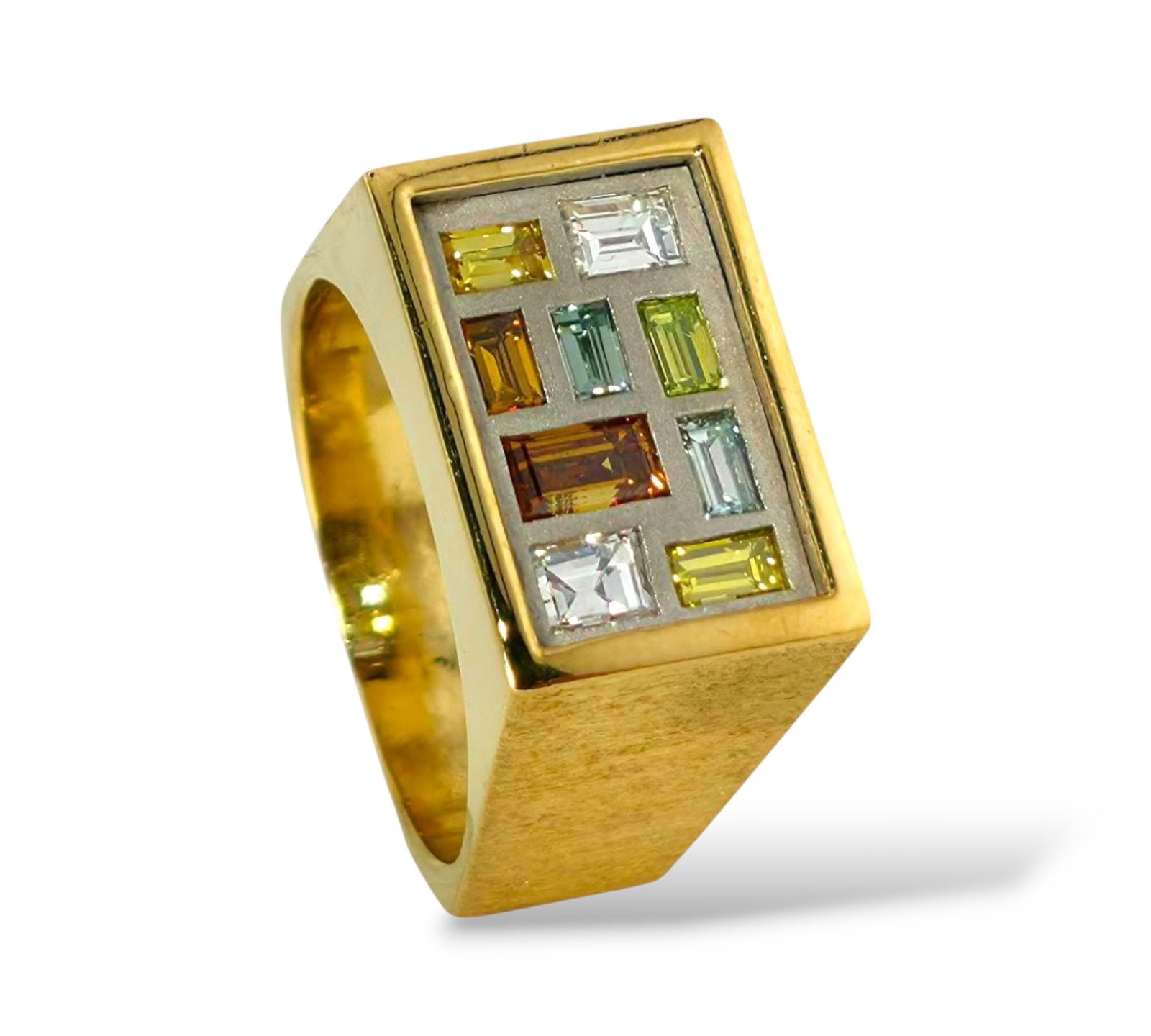 Vintage 18K Yellow Gold Ring with Multi Color 3.5ct Diamonds: Fancy Colored 18K Yellow Gold Ring with Multi Color Diamonds A bold and contemporary design, this 18K yellow gold ring features two emerald cut diamonds totaling 0.3 carats, flanked by a lively array 