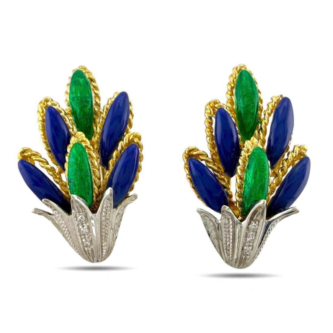 18K Yellow and White Gold Blue and Green Enamel Diamond Earrings: 18K Yellow and White Gold Blue and Green Enamel Diamond Earrings A striking pair of 18K yellow and white gold earrings showcasing intricate blue and green enamel work accented by delicate diamonds. Me