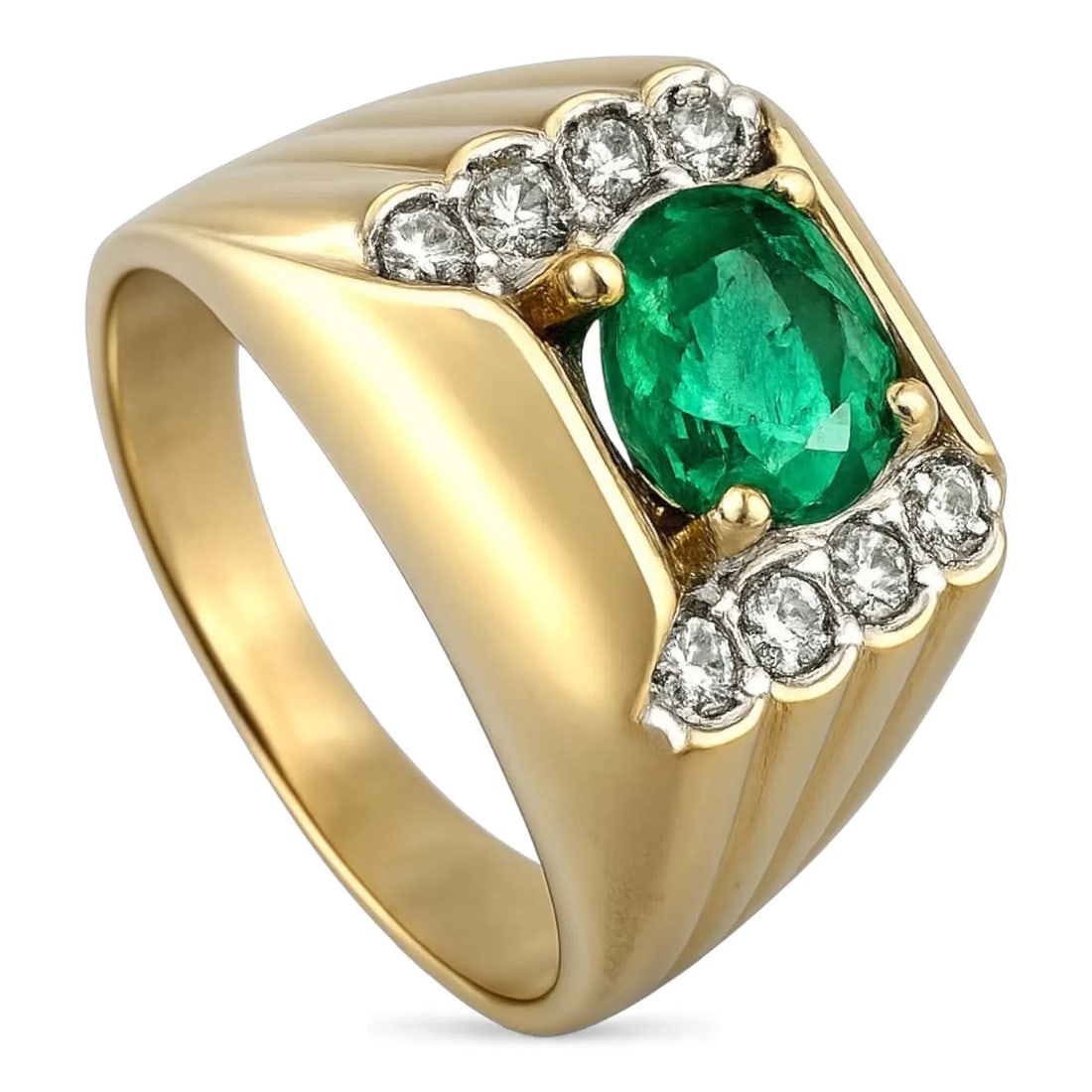 14K Yellow Gold 0.75ct Emerald and 0.16ct Diamond Ring: 14K Yellow Gold Emerald and Diamond Ring 0.75 Carat Emerald | 0.16 Carat Diamonds A refined and timeless design, this elegant ring is crafted in solid 14K yellow gold and centered with a vivid round-c