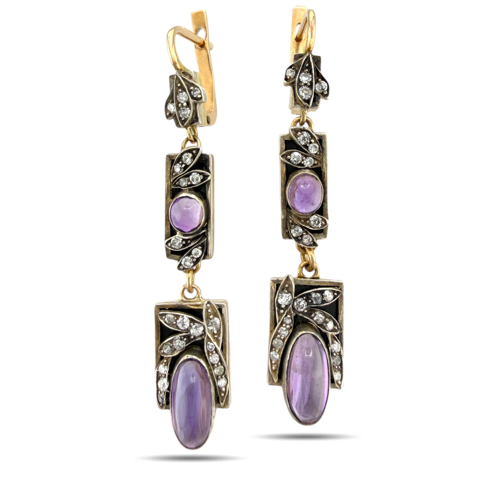 Imperial Russian 56K (14K) Yellow Gold, 1.5ct Diamond, Amethyst and Enamel Art Deco Earrings: Imperial Russian 56K (14K) Yellow Gold, 1.5ct Diamond, Amethyst and Enamel Art Deco Earrings A striking pair of Imperial Russian Art Deco earrings, finely crafted in 56k (14k) gold and elegantly accen