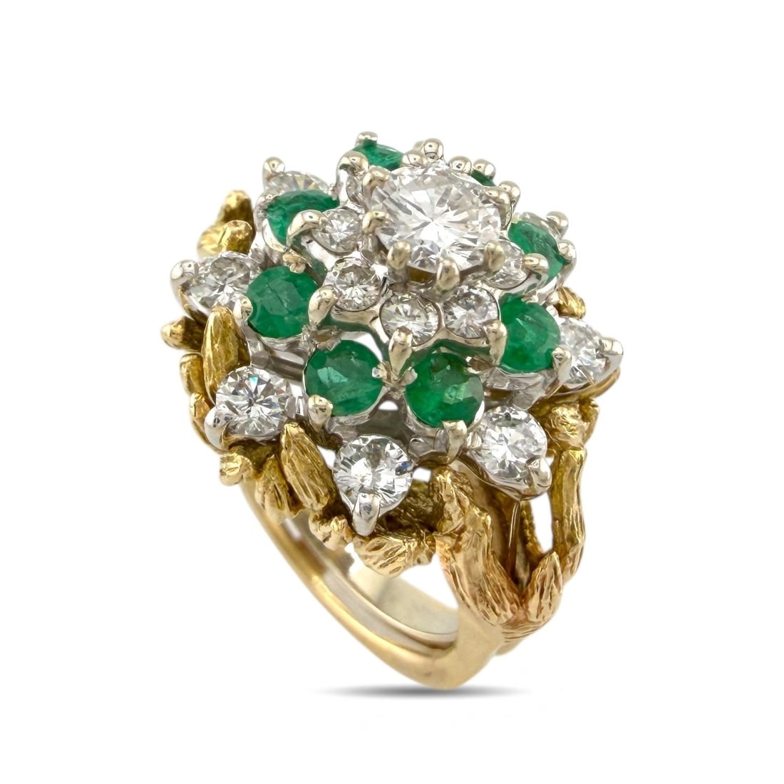 14K Yellow Gold Ring 1.2ct Diamonds and Emerald: A stunning 14K yellow gold ring featuring 17 sparkling diamonds and 8 vibrant emeralds elegantly arranged in a encircling design. Stones: Diamonds, Emeralds - Diamonds Carat: 1.2 Carats, 17 Diamonds -