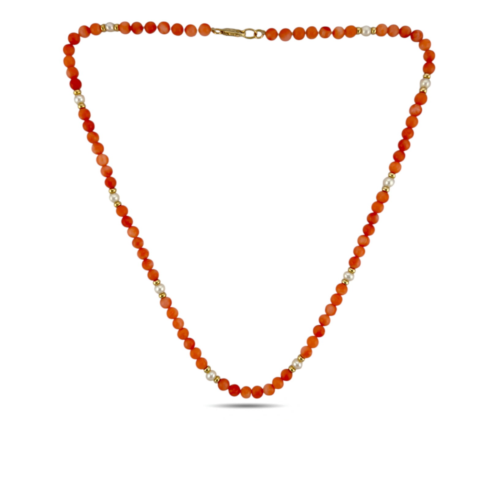 14K Yellow Gold Coral and Opal Beaded Necklace: 14K Yellow Gold Coral and Opal Beaded Necklace This elegant beaded necklace is crafted in solid 14 karat yellow gold and features a refined rhythm of round coral beads accented by luminous opals. The 