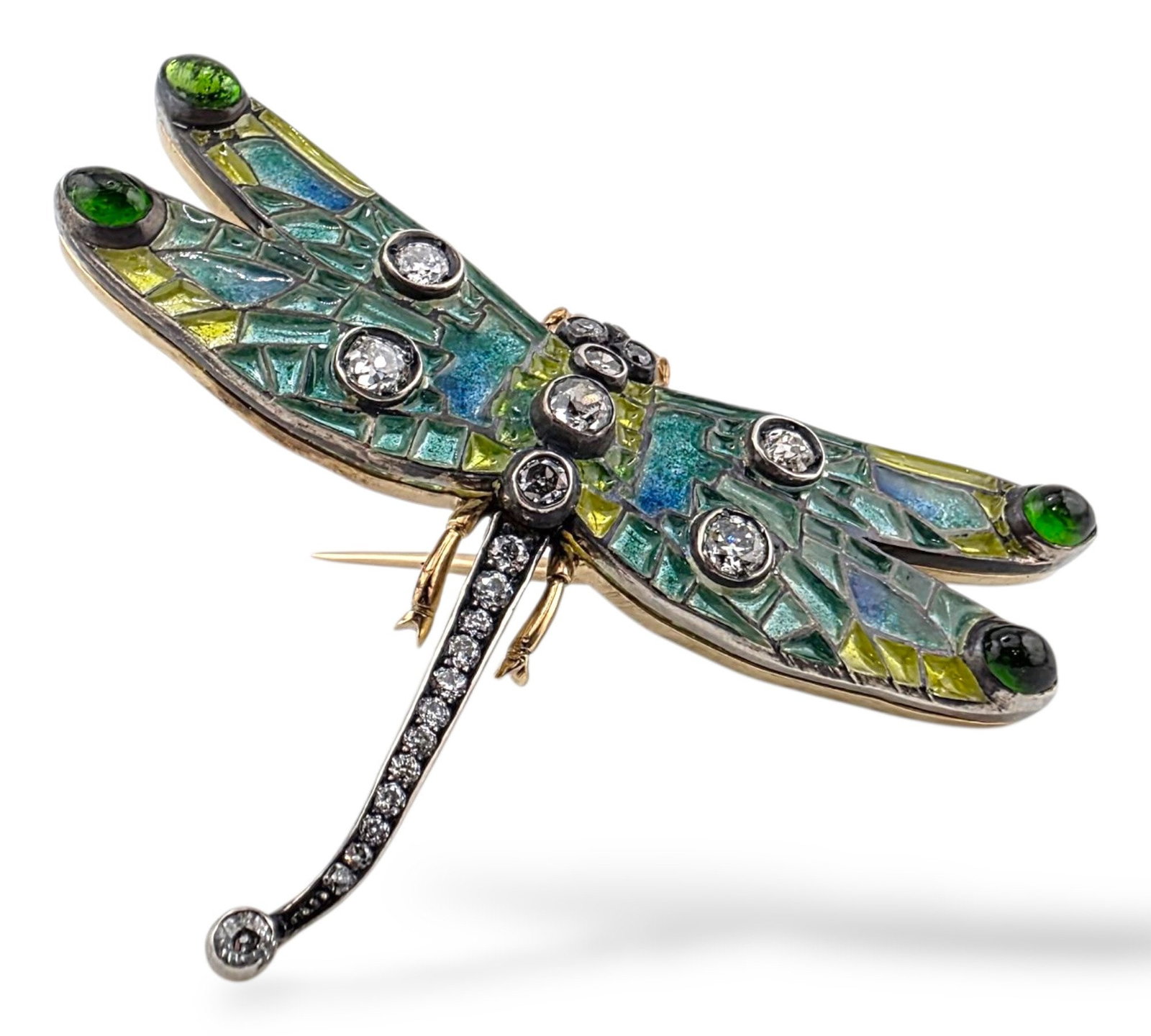 Imperial Russian Period 56K Gold Enamel and 1.5ct Diamond Dragonfly Brooch Circa 1900: Imperial Russian 56k Gold and 1.5ct Diamond Dragonfly Brooch Circa 1900 Material: Gold 56 assay value approximately 14k Gold Region: Russia Marked: Yes, signed 56k Imperial Russian Gold marks and work