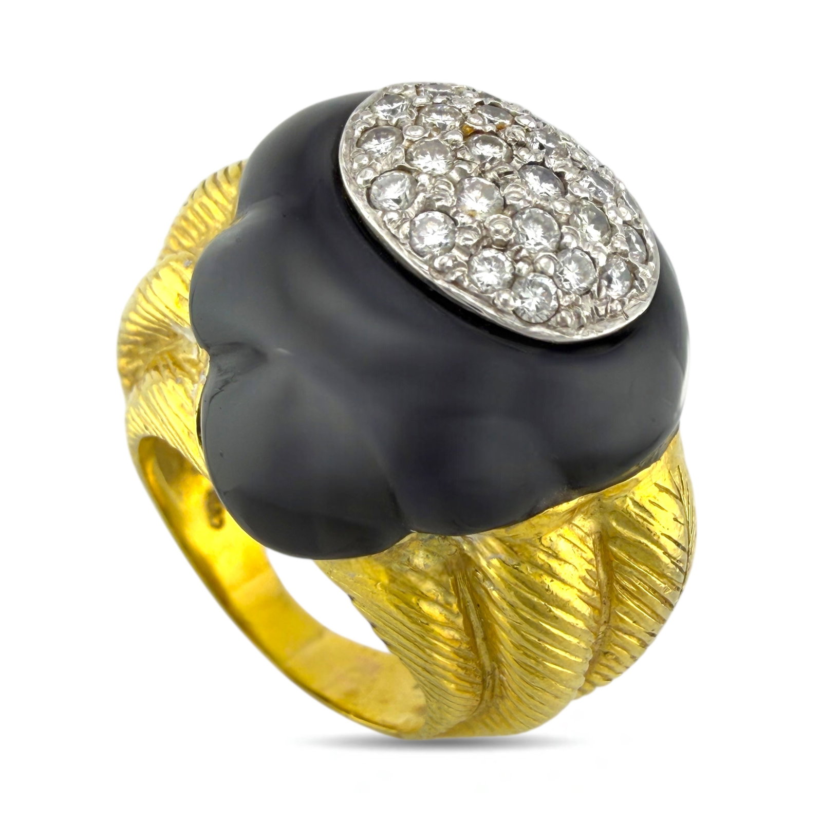 18K Yellow Gold Onyx and 0.46ct Diamond Cocktail Ring: 18K Yellow Gold Onyx and 0.46ct Diamond Cocktail Ring This striking cocktail ring combines deep black onyx with a sparkling cluster of diamonds at the top, creating a sophisticated contrast and a bold