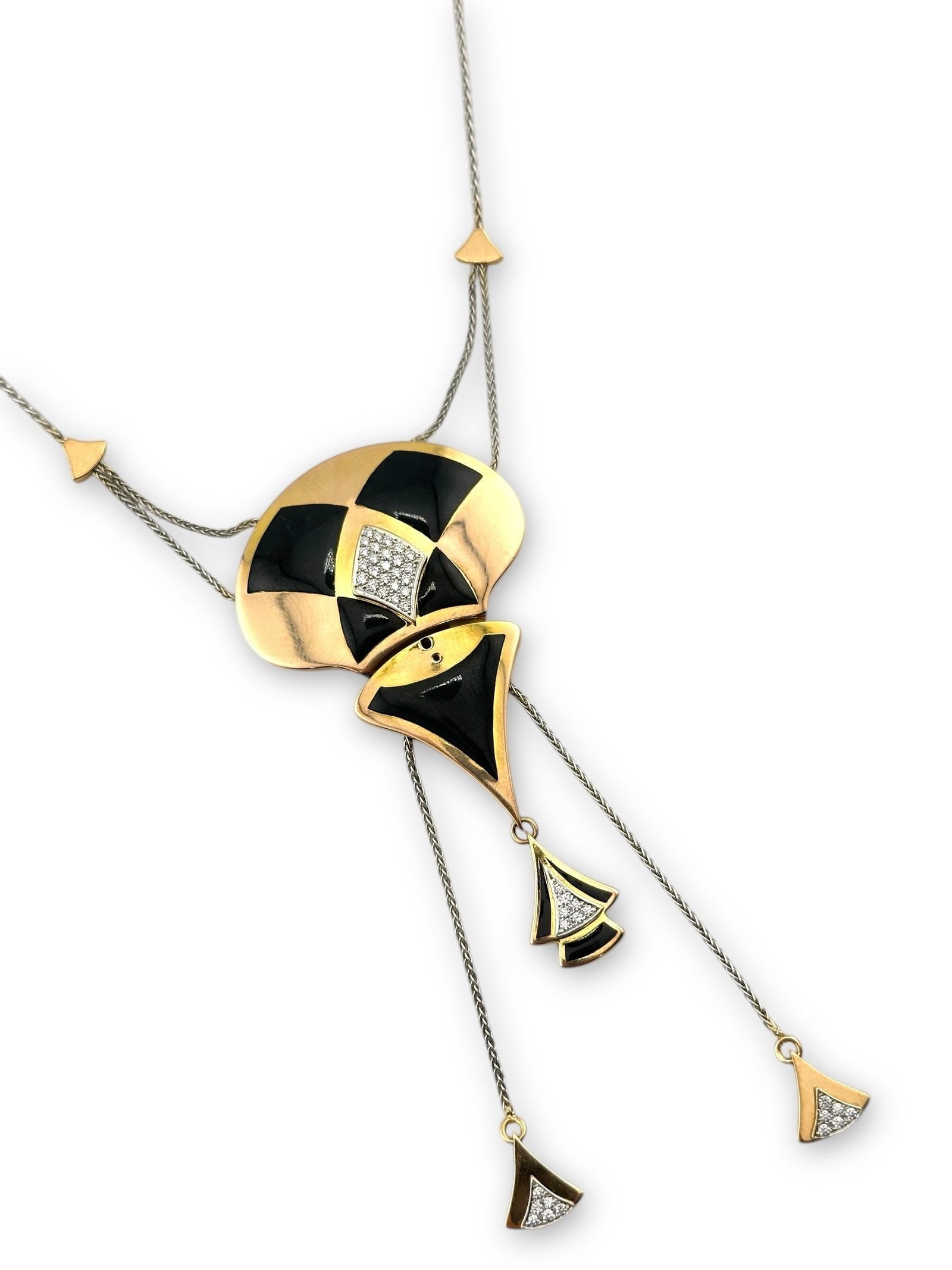 Cesare De Vecchi Italy 18K Gold and Diamond Necklace: This exquisite pendant showcases the warmth of 18K yellow gold, gracefully adorned with 44 dazzling diamonds that shimmer with every movement and black accents. A refined contrast is achieved with a s