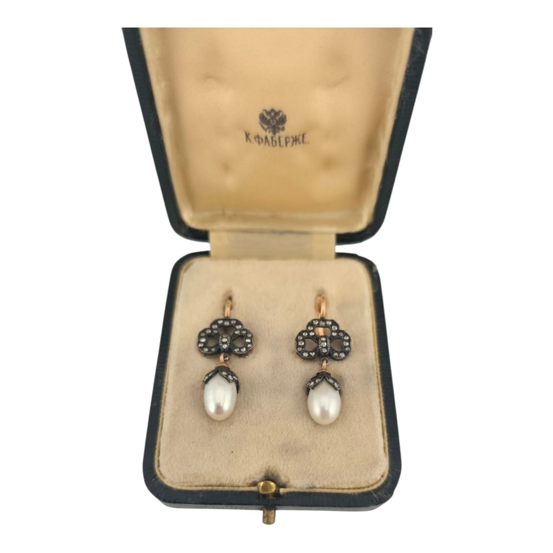 Imperial Russian 56k Rose Gold Pearl & Diamond Earrings with Box: Imperial Russian 56k Rose Gold Pearl & Diamond Earrings with Box An elegant and finely detailed pair of Faberge earrings crafted in 56 rose gold, bearing the hallmark V.?. (?.?.), attributed to the