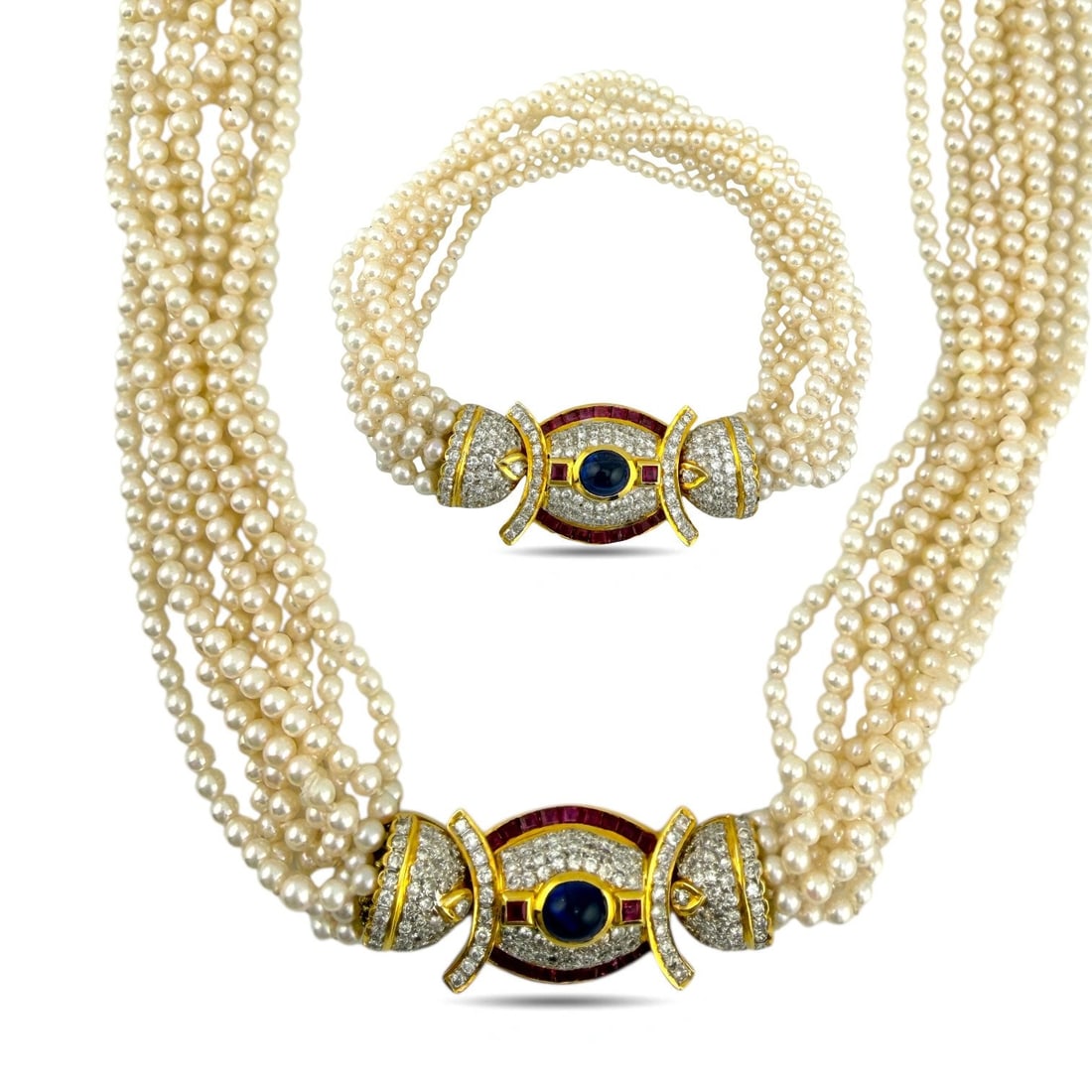 18K Yellow Gold Pearl 9.6ct Diamond, 2.4ct Rubies, and 2.5ct Cabochon Sapphire Necklace: 18K Yellow Gold Pearl 19.6ct Diamond, 2.4ct Rubies, and 2.5ct Cabochon Sapphire Necklace and Bracelet Set This magnificent 18K yellow gold set features bold cabochon sapphires that create a striking,