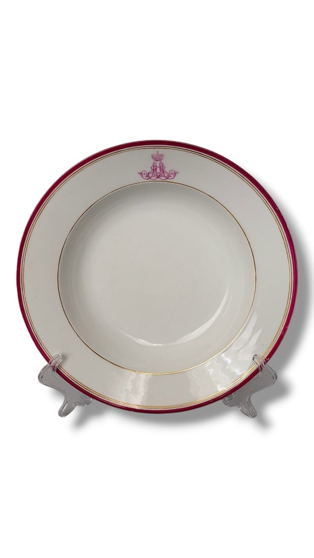 Imperial Russian Porcelain Plate from an Everyday Service for Grand Duke Alexander Alexandrovich: Imperial Russian Porcelain Bowl (Soup plate) Comprising bowl from the Everyday Service of Grand Duke Alexander Alexandrovich. Gilt and magenta banding and with the double AA cypher of Grand Duke