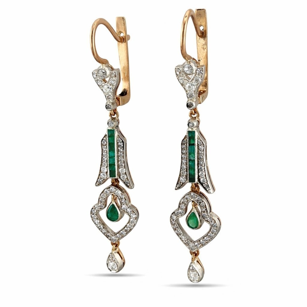 Imperial Russian 14K Rose Gold 1.7ct Diamond and Emerald Earrings: Imperial Russian 14K Rose Gold 1.7ct Diamond and Emerald Earrings An authentic pair of Imperial Russian earrings crafted in 56 standard 14 karat rose gold. The elegant elongated drop form is finely pr