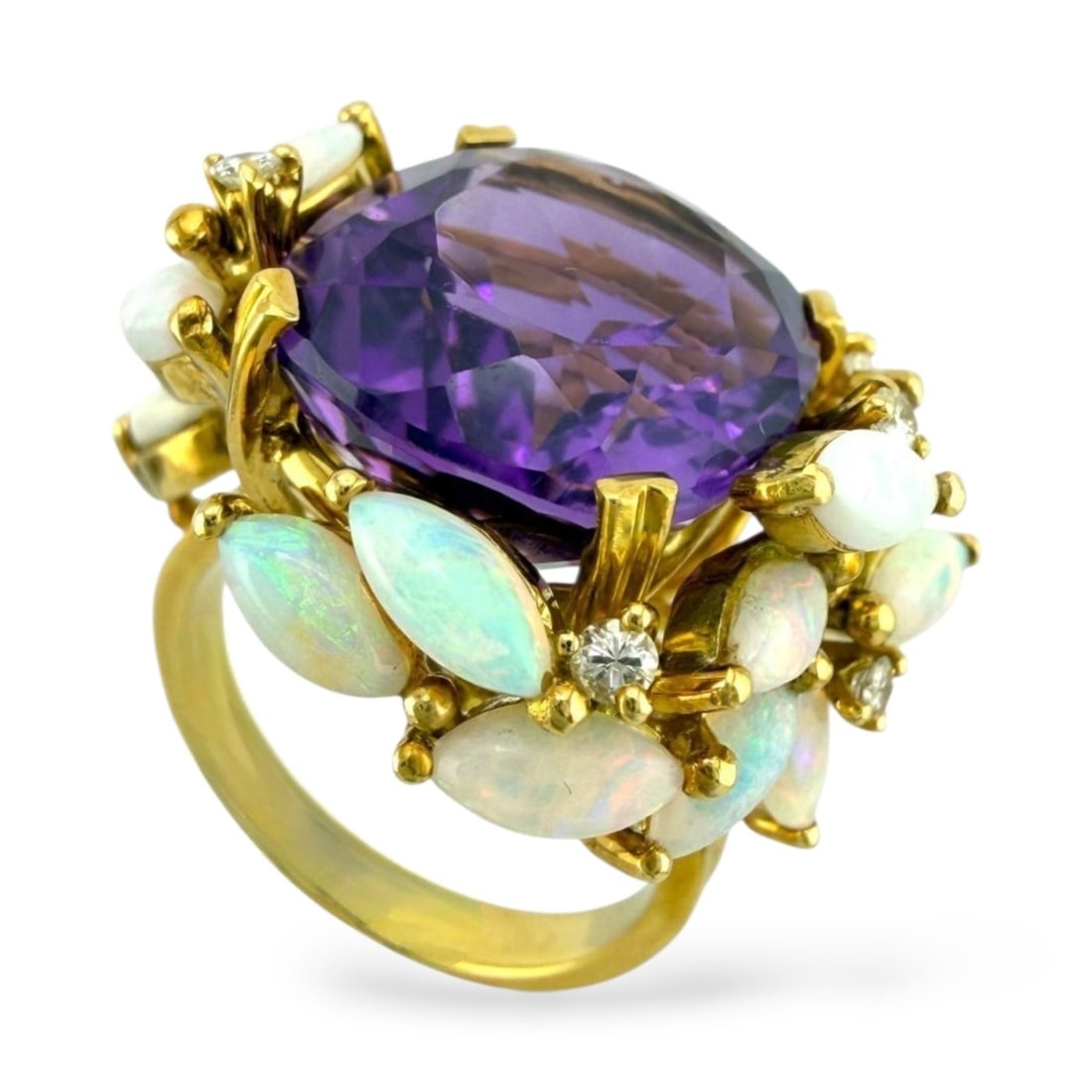 18K Yellow Gold 12.00ct Amethyst 0.20ct Diamond & Marquise Cut Opal Ring: 18K Yellow Gold 12.00ct Amethyst, 0.20ct Diamond & Marquise Cut Opal Ring A beautiful yellow gold ring designed with marquise-cut opals arranged around the ring in an elegant pattern. The square-cut a