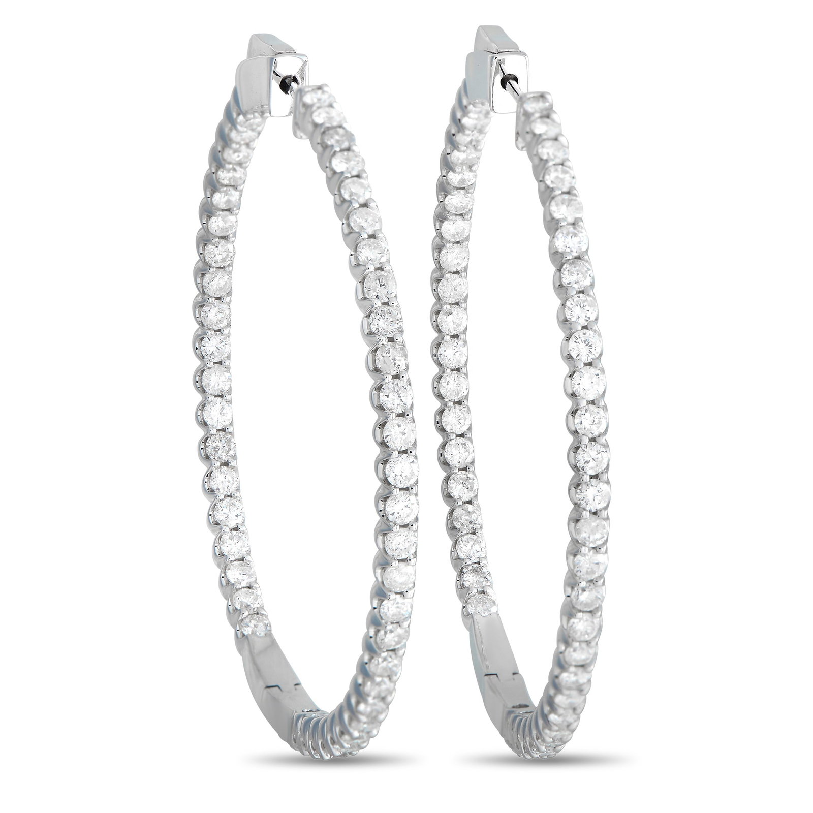 14K White Gold 3.35ct Diamond Inside-Out Hoop Earrings: Sparkly and slim, these diamond-encrusted hoop earrings will instantly polish your outfits. Each hoop measures less than 2 inches in diameter and features a row of diamonds on its outer front surface 