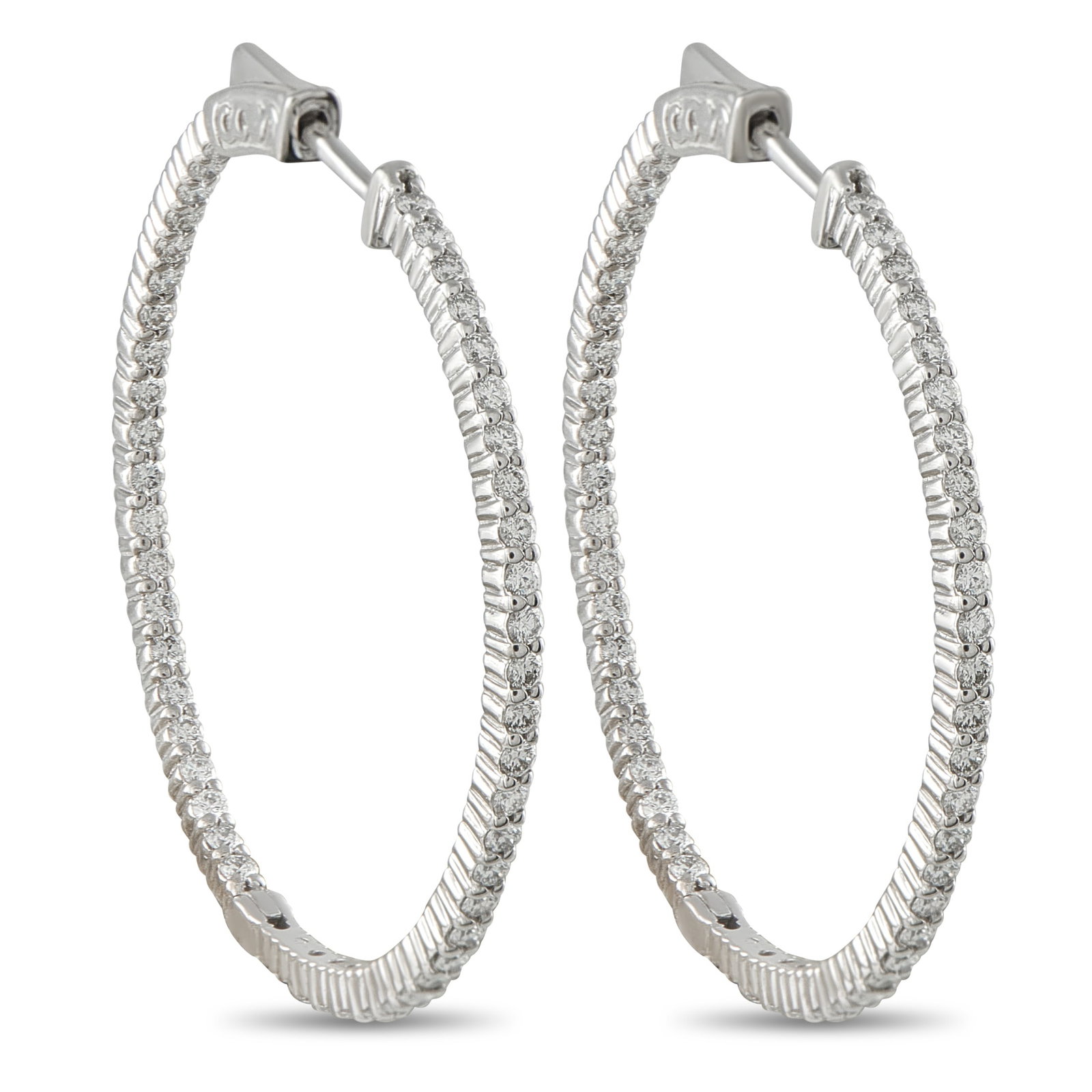 14K White Gold 2.0ct Diamond Inside-Out Hoop Earrings: These classic hoop earrings will instantly add a touch of luxury to any ensemble. Diamonds with a total weight of 2.0 carats make them come alive every time they catch the light. Set in 14K White Gold