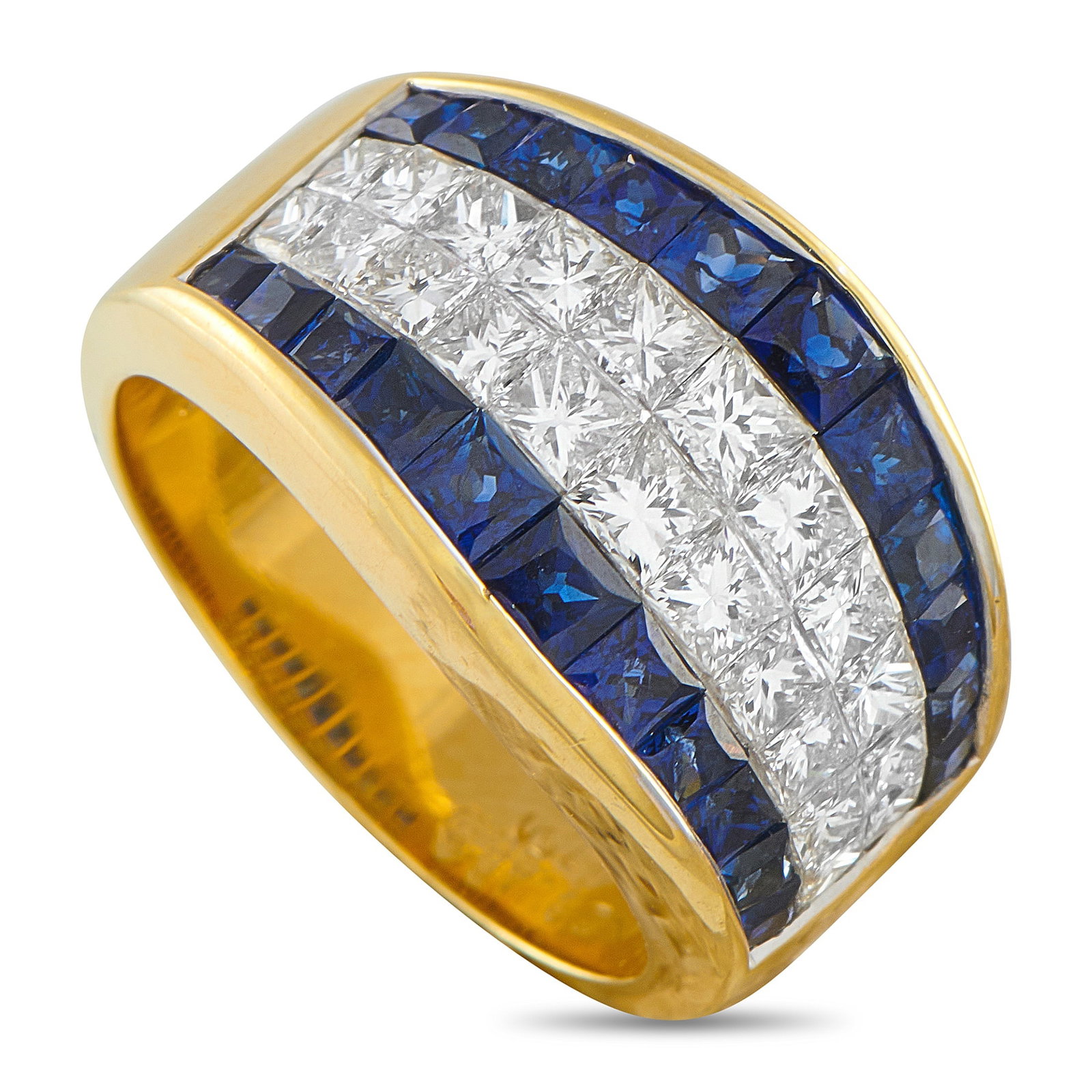 18K Yellow Gold 2.22ct Diamond and Sapphire Ring: This luxury ring is an instant classic. Sparkling Diamonds totaling 2.22 carats make a statement at the center of the design, while inset Sapphires totaling 1.70 carats add a stylish pop of color. Cra