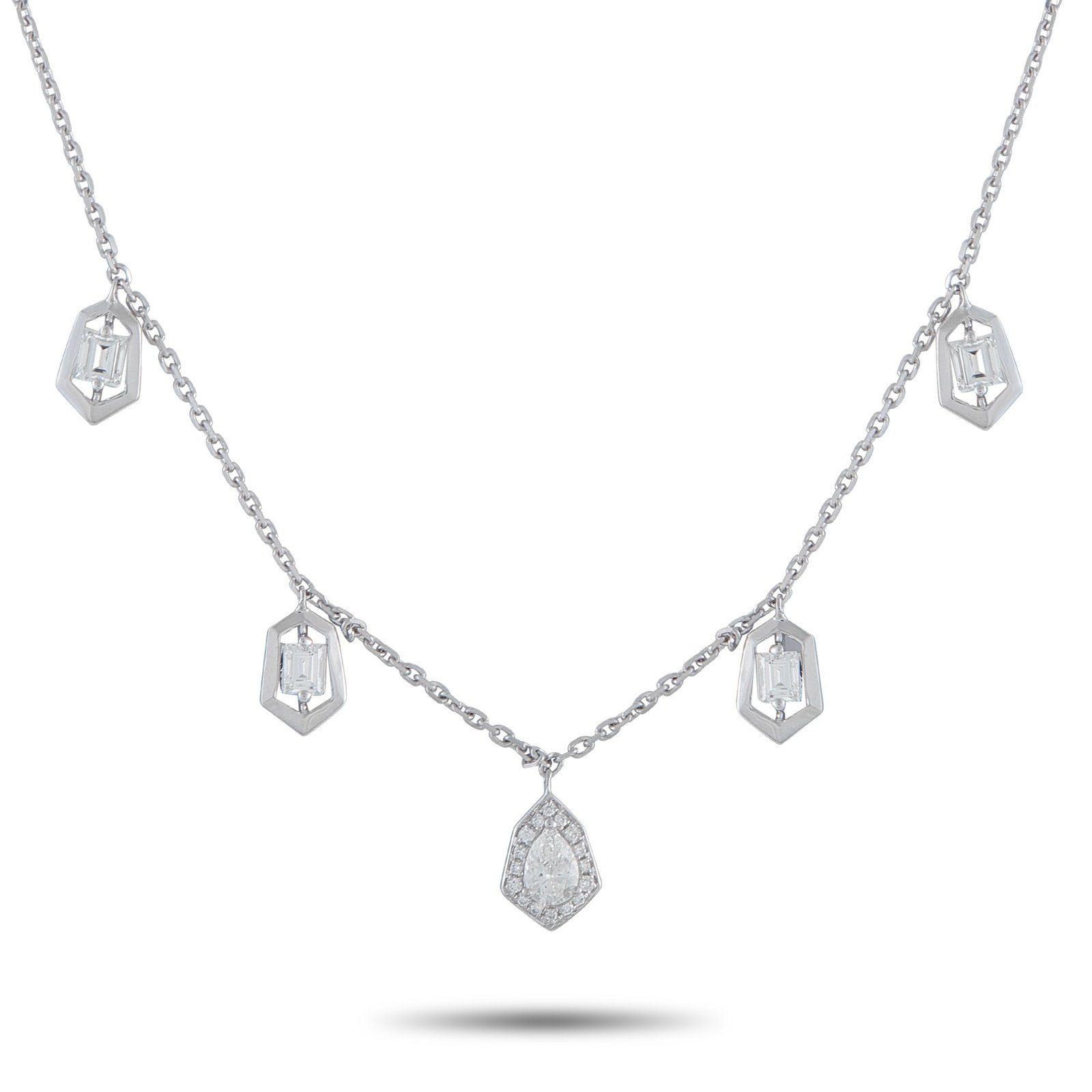 18K White Gold 1.37ct Diamond Necklace: This impeccably crated necklace is both understated and incredibly dynamic in design. A series of hanging pendants add movement to this graceful piece, while sparkling Diamonds with a total weight of 