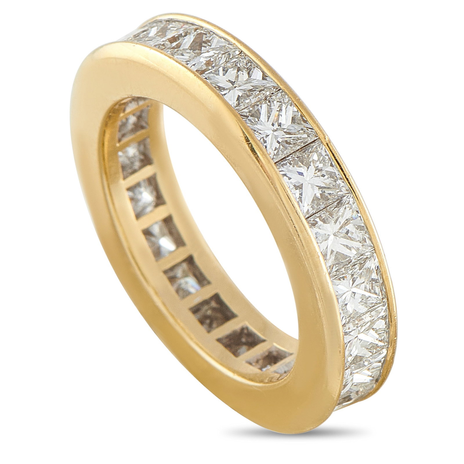 18K Yellow Gold 4.08ct Diamond Eternity Band: This eternity band ring is ideal for any minimalist. Square cut Diamonds with a total weight of 4.08 carats allow this sophisticated accessory to come alive every time it catches the light. With a 5mm