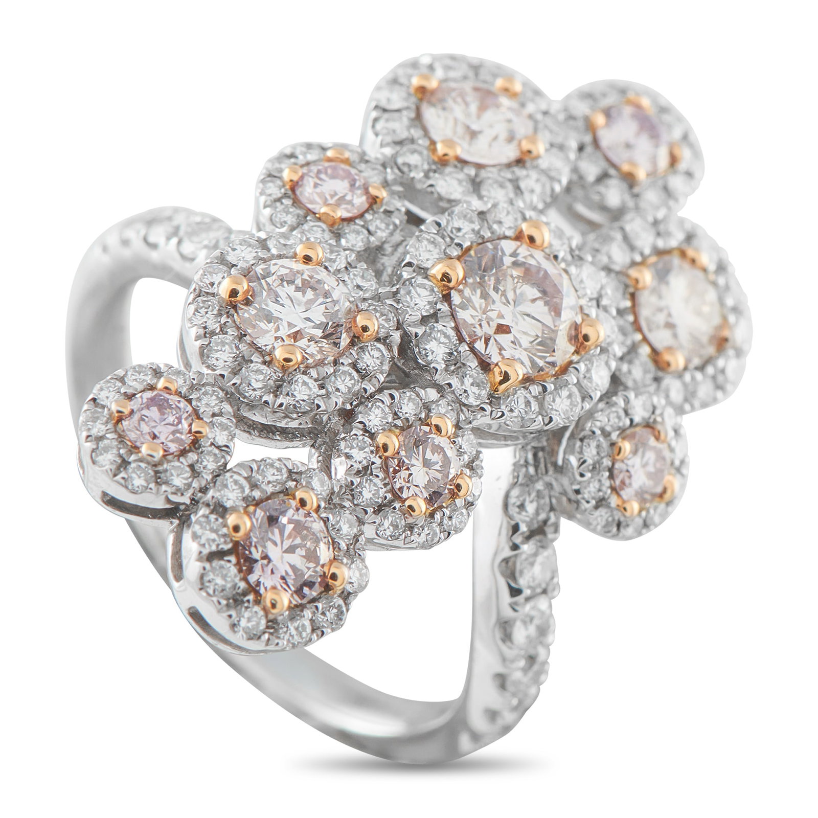 18K White Gold 2.42ct White and Pink Diamond Ring: Graceful in movement and balanced in light, this elegant ring is defined by softness, poise, and restraint. The 18K white gold band features diamond-set shoulders that curve gently in a bypass profile