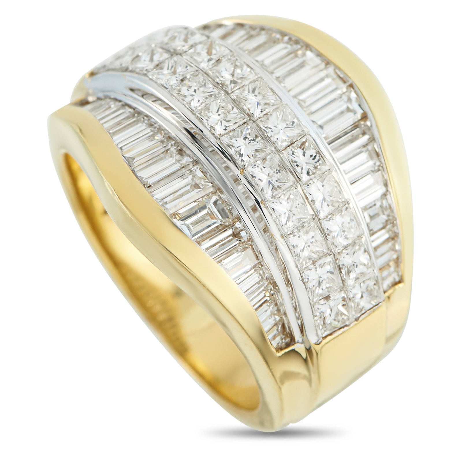 18K Yellow 3.50ct Gold Diamond Multi-Row Ring: A ring of structured brilliance. This yellow gold piece features a bright diamond surface measuring 16x20mm. Multiple rows define its top. The outer edges curve to frame a channel of tapering baguette