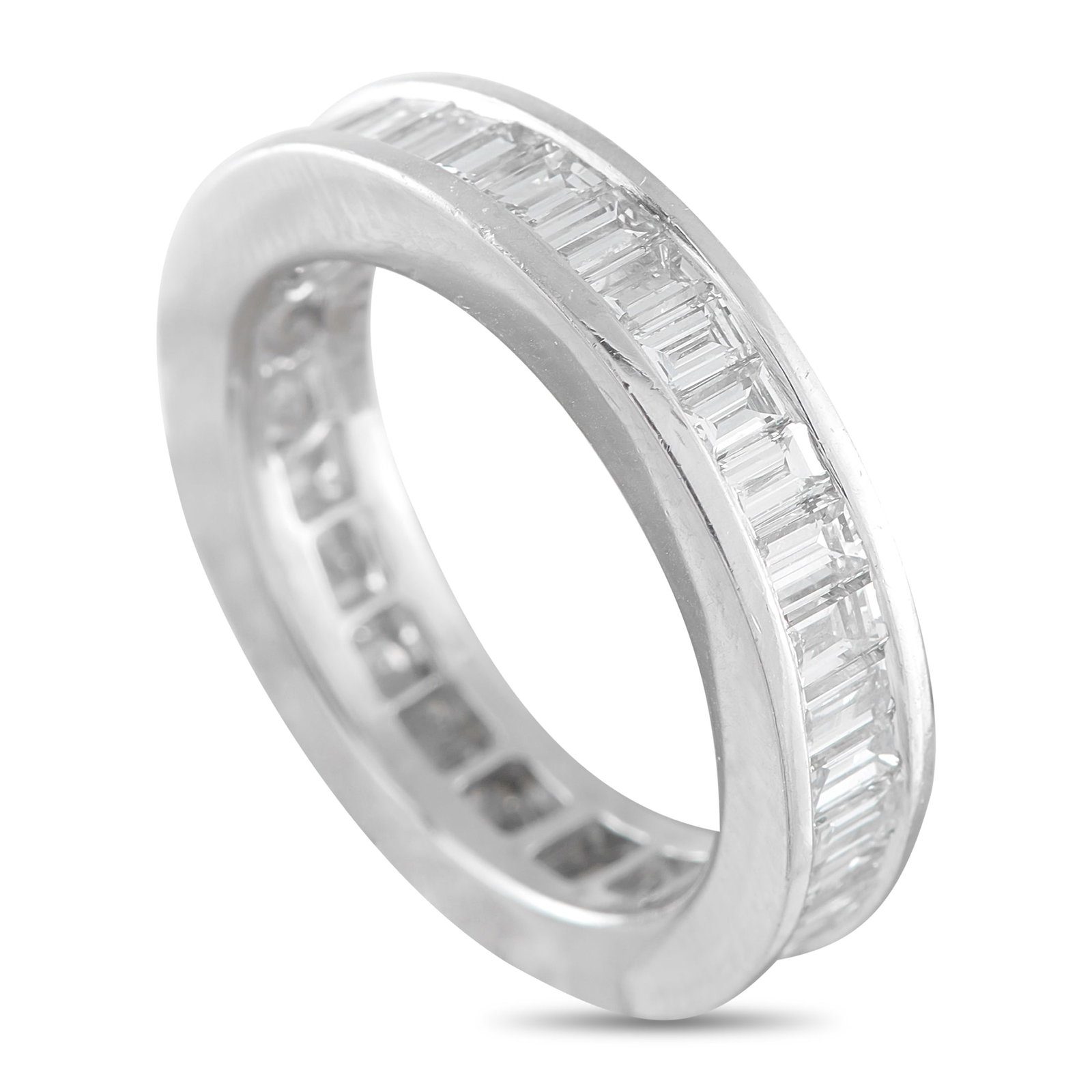 Platinum 2.75ct Diamond Eternity Band: Diamond baguettes totaling 2.75 carats in a sleek channel setting make this eternity band ring effortlessly emanate light. The elegant, minimalist design makes it an ideal piece for everyday wear. Set