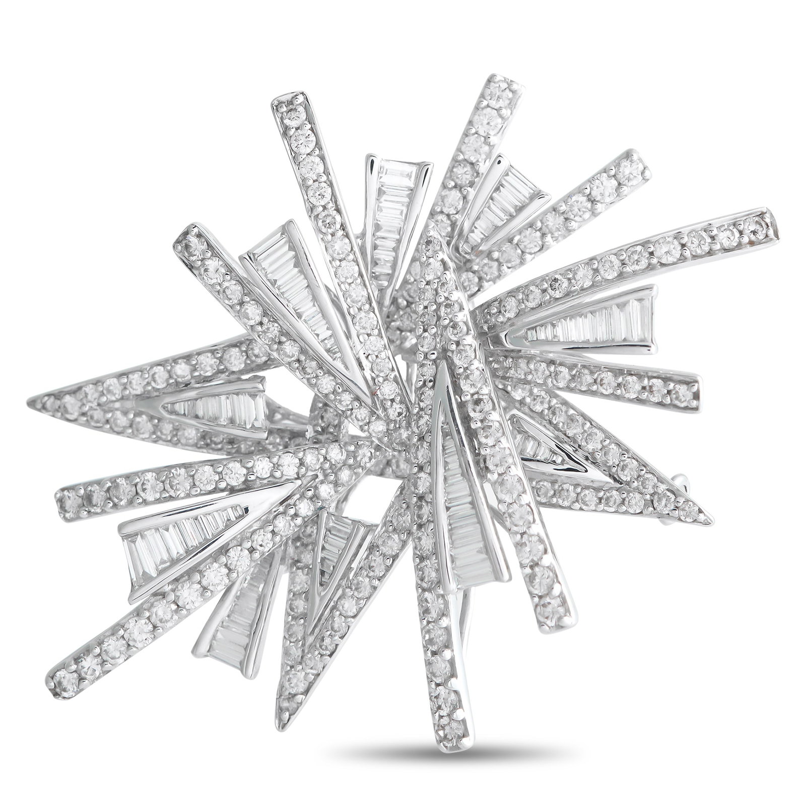 18K White Gold 3.63ct Diamond Brooch: A chic, contemporary design makes this luxury brooch simply unforgettable. The perfect accent for any lapel or scarf, it shines to life thanks to Diamonds with a total weight of 3.63 carats. This piec