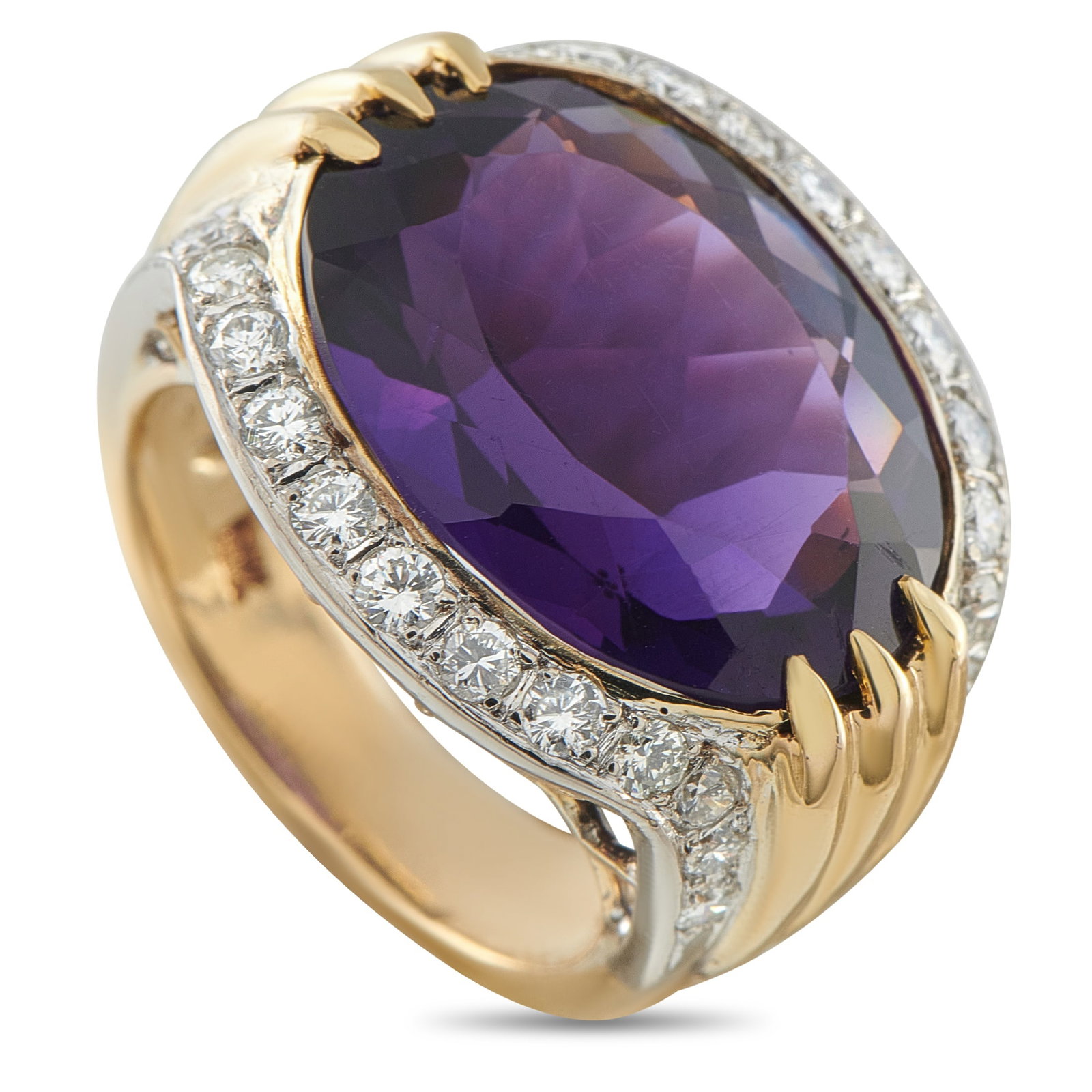 18K Yellow Gold 0.75ct Diamond and Amethyst Ring: This bold ring is designed to continually catch the eye. The statement-making 18K Yellow Gold setting beautifully showcases the 12.0 carat Amethyst center stone. Diamonds with a total weight of 0.75 c