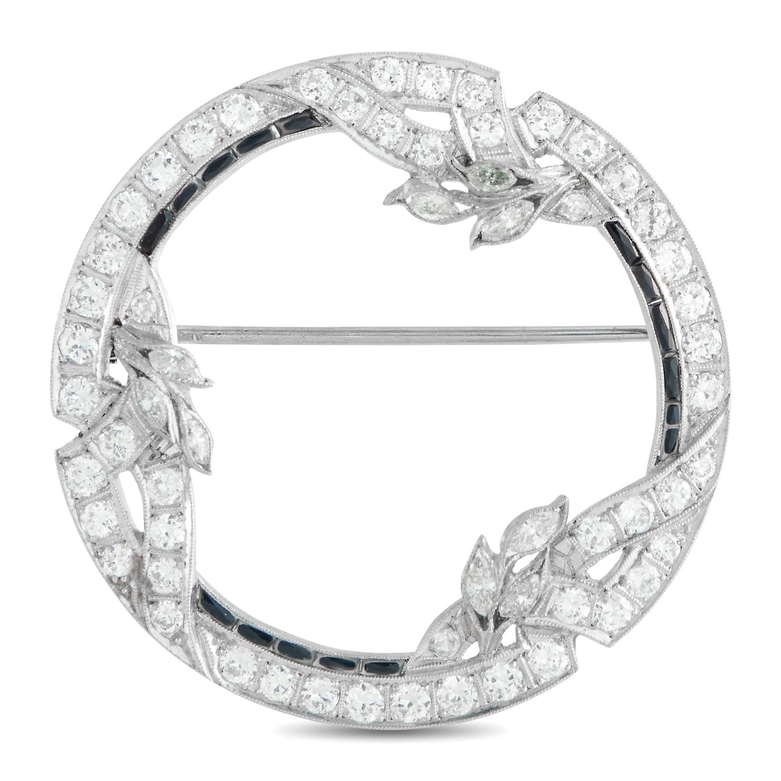 Art Deco Platinum 1.70ct Diamond and Sapphire Brooch: With an intricate Platinum setting and a stunning openwork design, this circular Art Deco brooch exudes timeless elegance. Diamonds with a total weight of 1.70 carats allow it to sparkle and shine eve