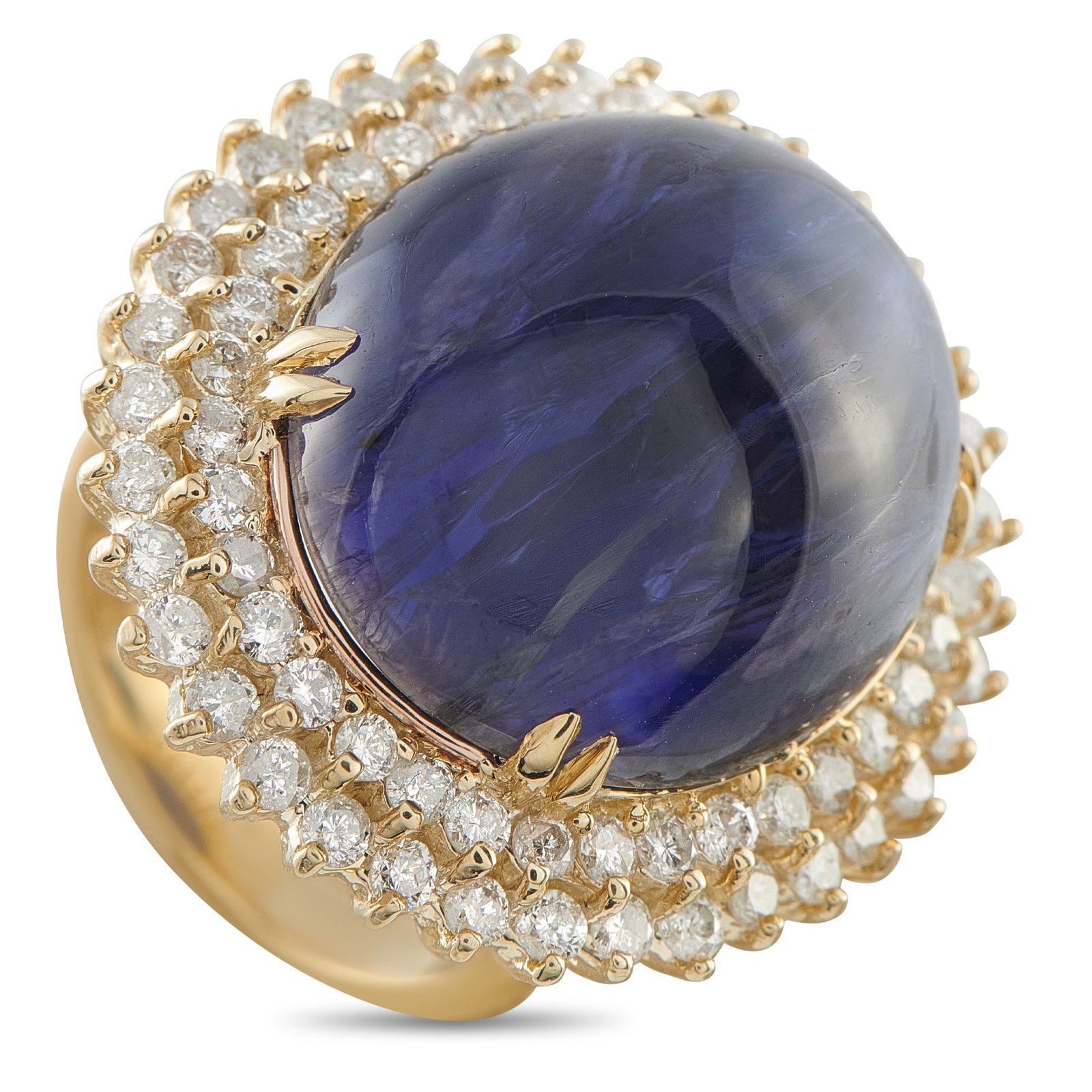 14K Yellow Gold 2.28ct Diamond and Iolite Ring: A 26.0 carat Iolite cabochon makes this ring instantly eye-catching. The center stone is surrounded by a sparkling double halo of Diamonds totaling 2.28 carats, allowing it to effortlessly catch the l