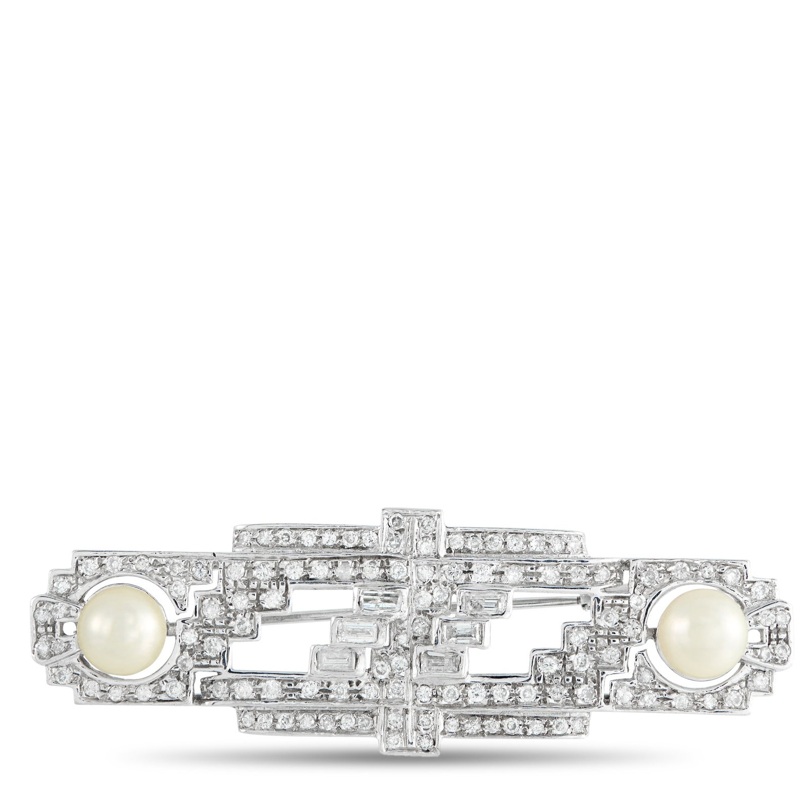 18K White Gold 2.45ct Diamond and Pearl Art Deco Brooch: Cast in frosty white gold, this Art Deco brooch delivers that vintage grandeur. Its rectangular silhouette displays stepped geometry, anchoring two cream-colored pearls at opposing poles. A mosaic of 