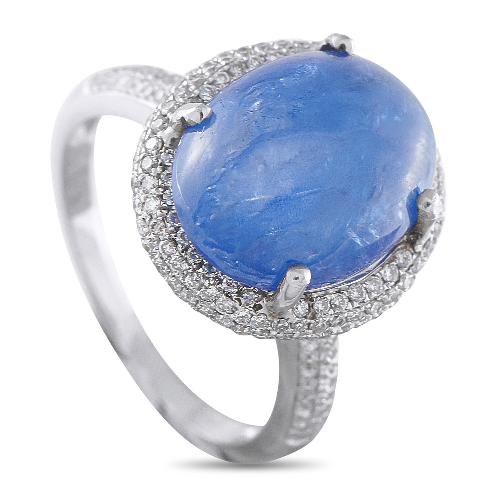 18K White Gold 1.0ct Diamond and Sapphire Ring: This luxury ring is instantly enchanting. A captivating 10.32 carat Burma No Heat Sapphire cabochon makes a statement at the center of the design. The unique 18K White Gold setting is elevated by spar