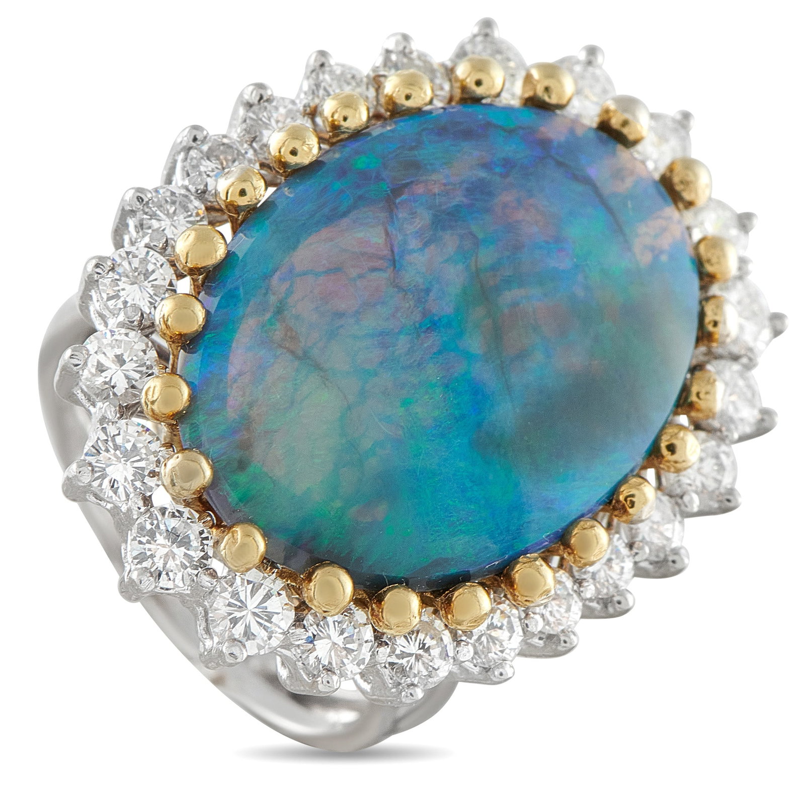 18K White and Yellow Gold 2.0ct Diamond and Opal Cocktail Ring: Theatrical yet grounded in tradition, this cocktail ring combines drama and color with archival quality. At its center rests a 9ct oval black opal, its dark ground ignited by flashes of green, blue, a