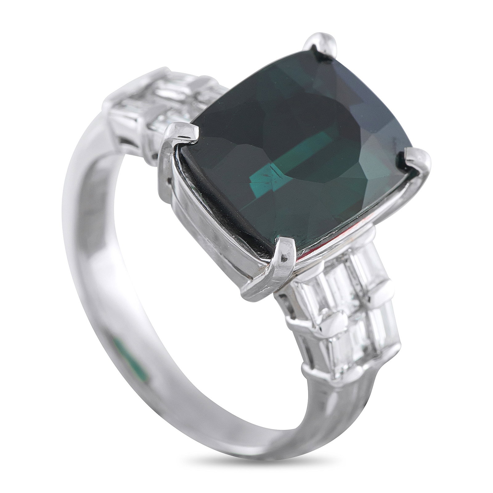 Platinum 0.67ct Diamond and Tourmaline Ring: This luxury ring will serve as an exquisite addition to any luxury jewelry collection. A 7.22 carat Tourmaline center stone adds a bold pop of color and makes this piece instantly captivating. Diamond