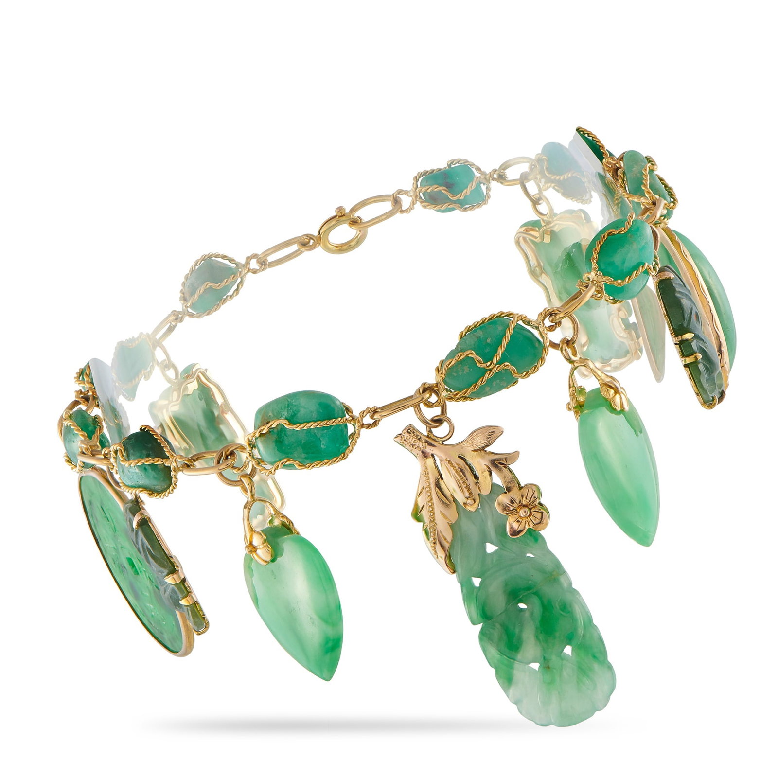 9K Yellow Gold Jade Bracelet: This bracelet is unique, elegant, and incredibly charming. Carved Jade stones dangle from the delicate 9K Yellow Gold chain, which is also accented by Jade stones in organic shapes. It measures 8.25&r