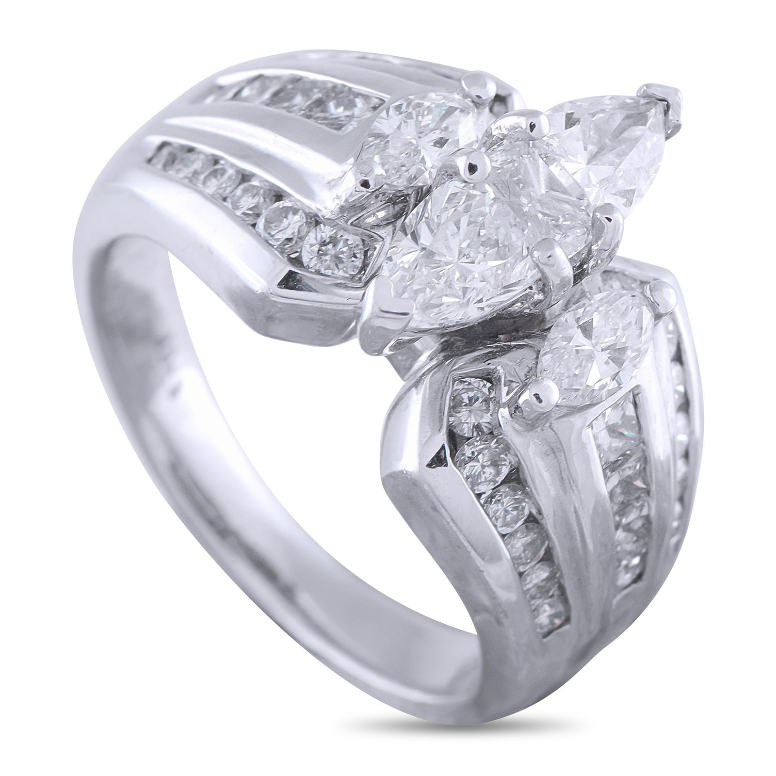 14K White Gold 2.10ct Diamond Ring: A stunning array of Diamonds with a total weight of 2.10 carats makes this ring simply unforgettable. Bold and statement-making, the 14K White Gold setting exudes old fashioned elegance. It features a