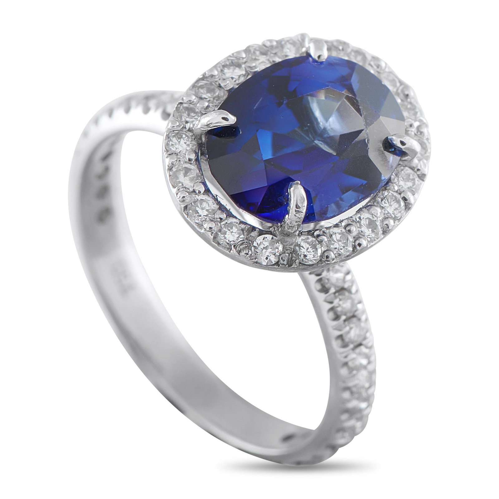 18K White Gold 0.23ct Diamond and Sapphire Ring: This luxury ring is an heirloom-quality piece that will never go out of style. Set in 18K White Gold, Diamonds with a total weight of 0.23 carats surround the 3.50 carat Sapphire center stone and cont