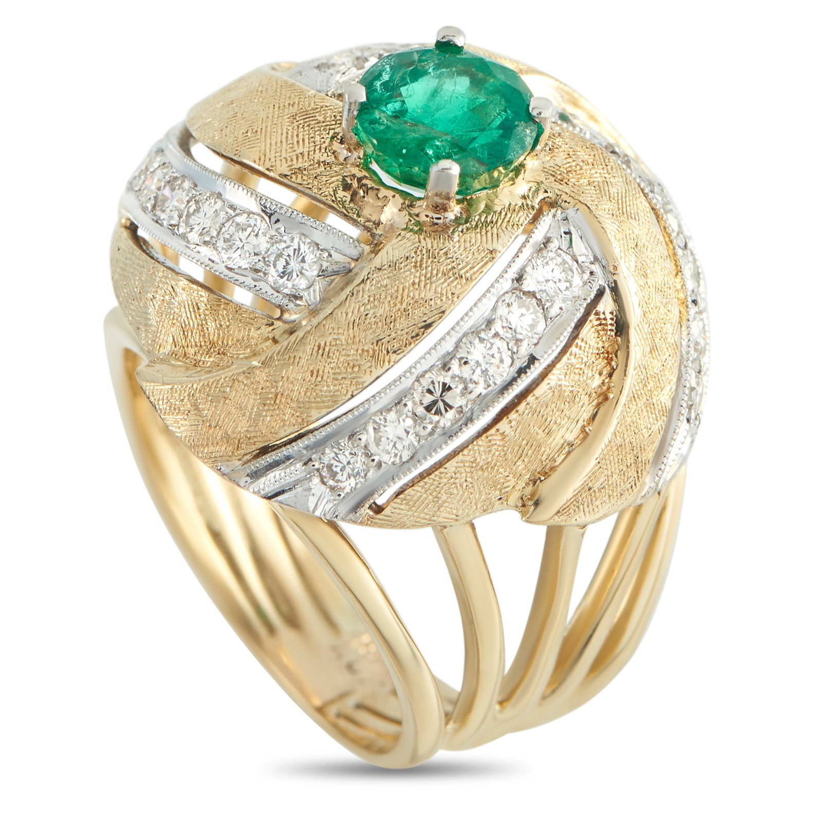 18K Yellow Gold 0.48ct Diamond and Emerald Ring: A stunning 18K Yellow Gold setting adds texture and dimension to this impeccably crafted ring. Inset Diamonds with a total weight of 0.48 carats contrast beautifully against the textured metalwork. At
