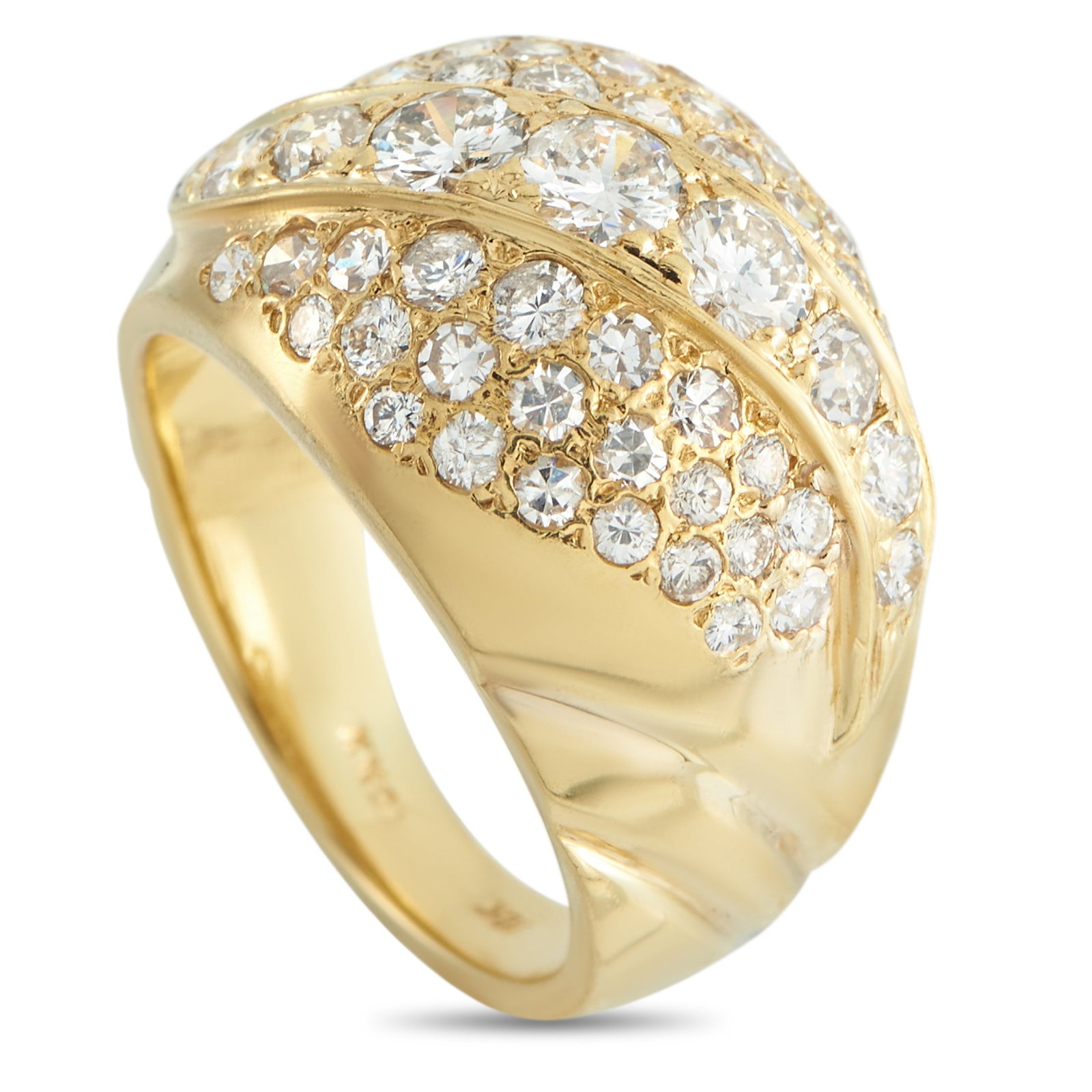 18K Yellow Gold 2.10ct Diamond Ring: Inset Diamonds with a total weight of 2.10 carats allow this ring to shine brightly every time it catches the light. At the top, curved lines add movement to the elegant 18K Yellow Gold setting. This 