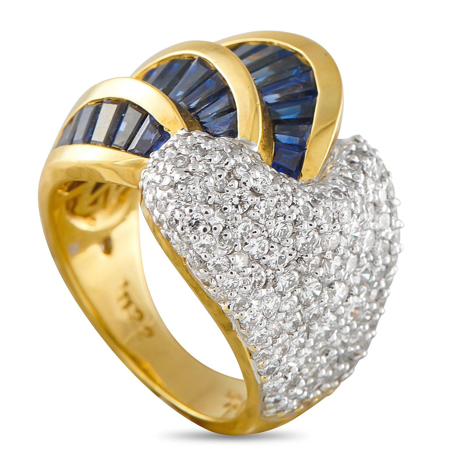 18K Yellow Gold 1.49ct Diamond and Sapphire Ring: This luxury ring is beautifully balanced. On one side, pave Diamonds with a total weight of 1.49 carats provide plenty of sparkle. On the other, Sapphires with a total weight of 3.94 carats add upscal