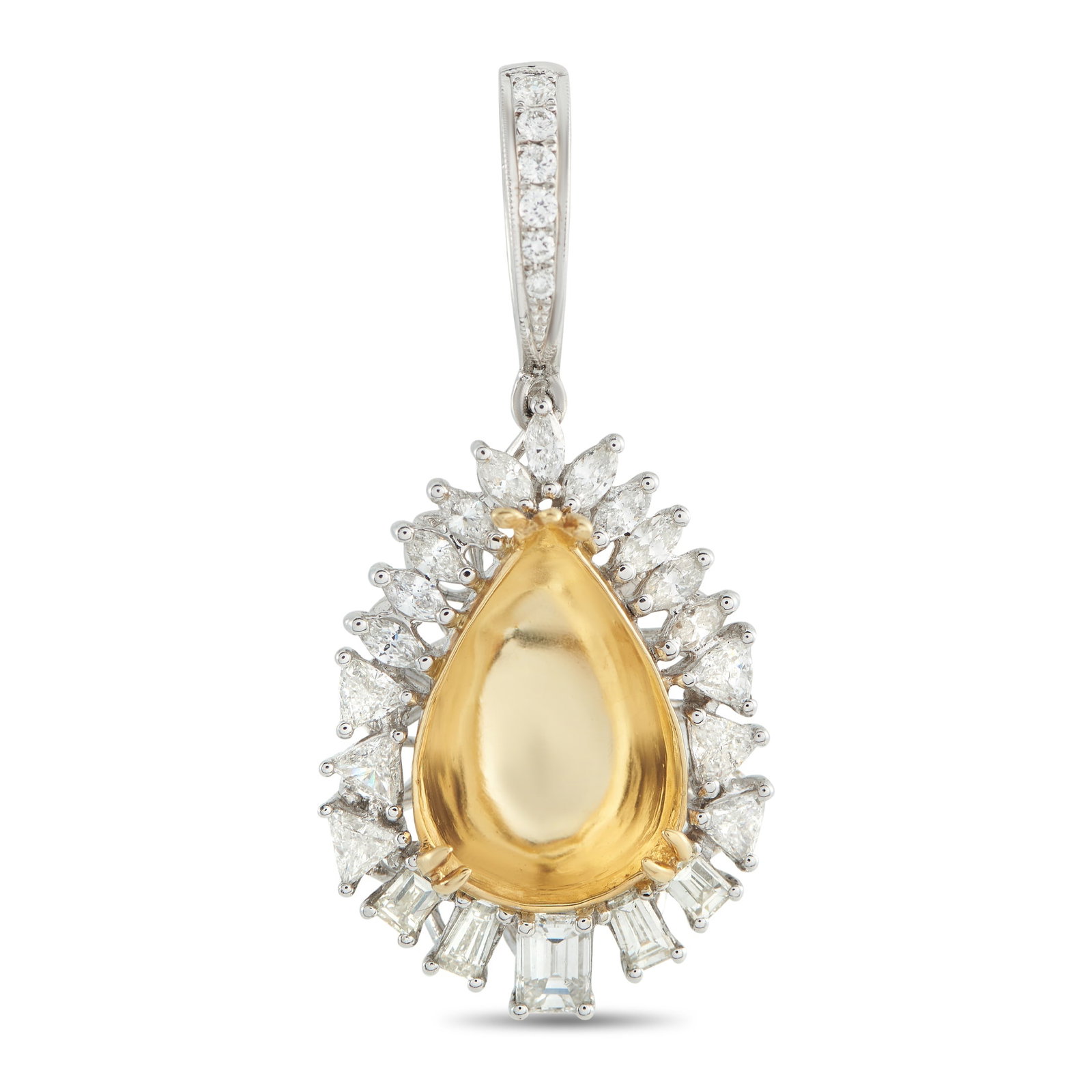 18K White Gold 2.80ct Diamond Pendant: This pendant allows you to create a perfectly customized piece of jewelry. Set in 18K White Gold, an array of Diamonds totaling 2.80 carats surrounds a lustrous pear-shaped setting at the center. It m