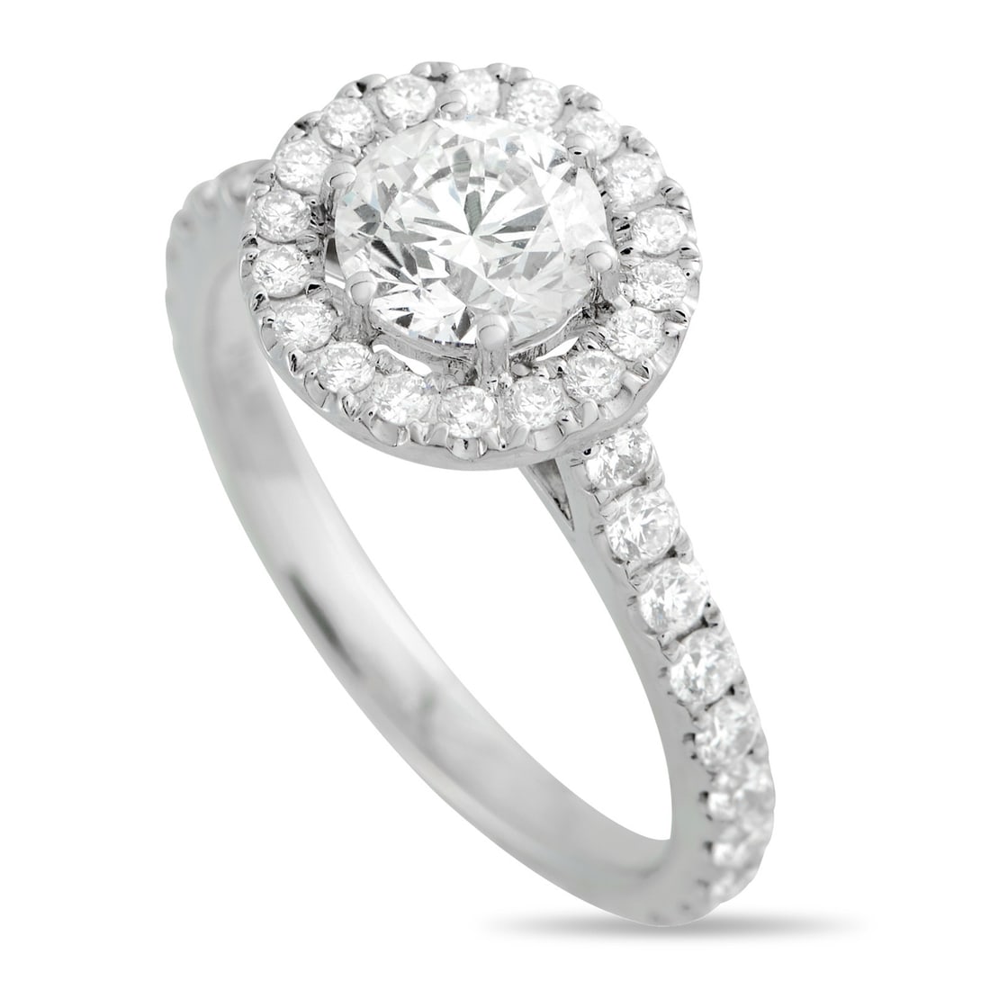 14K White Gold 1.53ct Diamond Halo Ring: A solid choice for a personal milestone or a daily spark. In 14K white gold, this ring features a 0.95 ct center diamond held by six prongs. A halo of petite diamonds circles the center, making it app