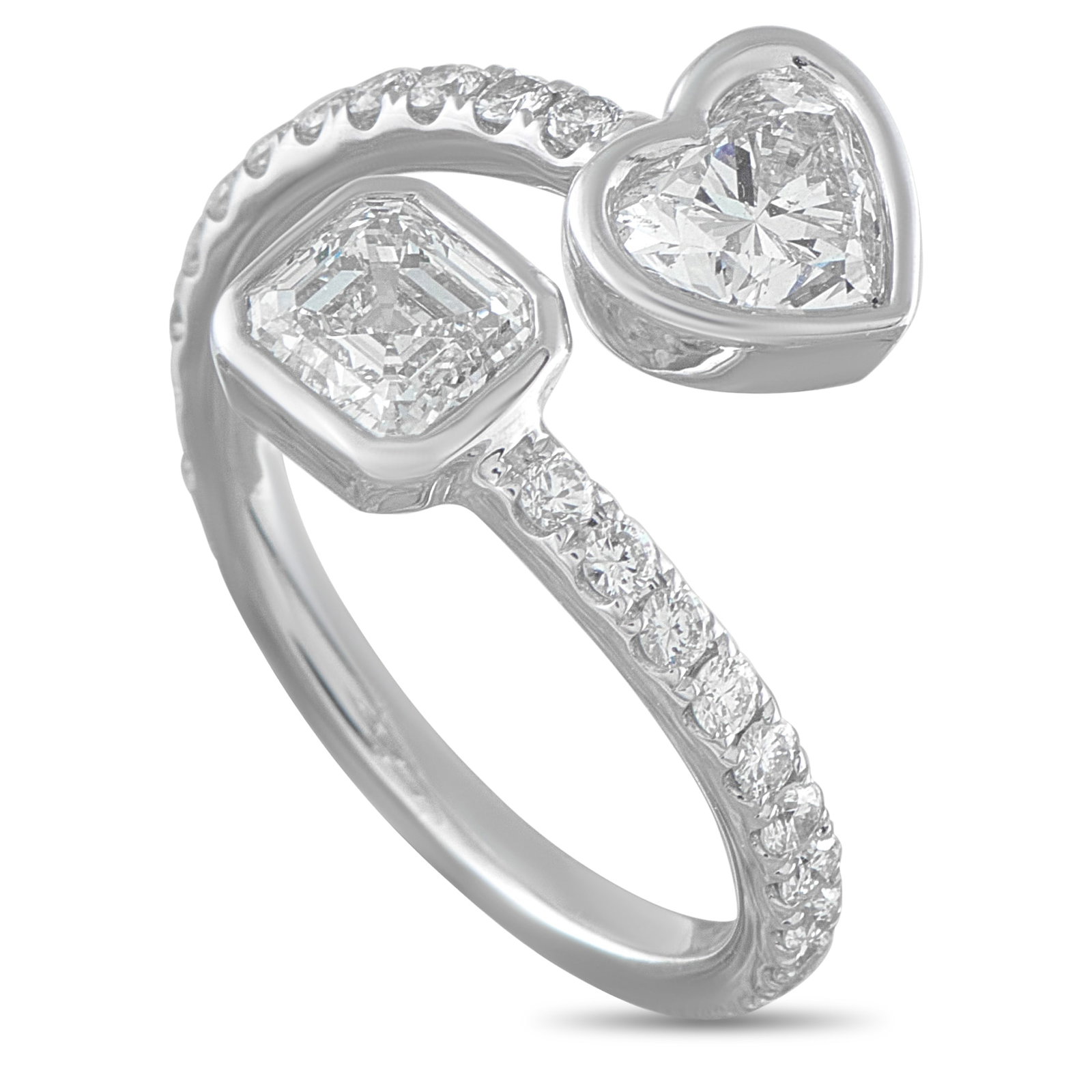 18K White Gold 1.87ct Diamond Bypass Ring: This bypass ring is incredibly charming. Dazzling Diamonds with a total weight of 1.42 carats continually catch the light at each end of the design. Additional Diamond accents totaling 0.45 carats fur