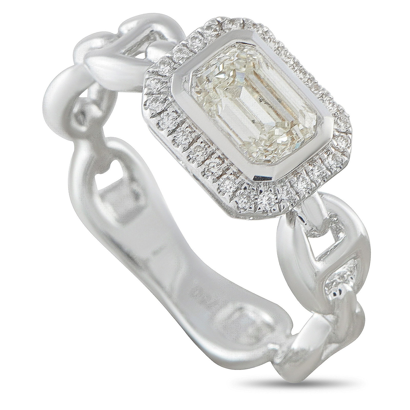 18K White Gold 1.15ct Diamond Ring: Anchor chain motifs within the 18K White Gold setting add a touch of luxury to this exquisite ring. A 1.03 carat Diamond center stone provides obvious elegance, while additional Diamond accents totali