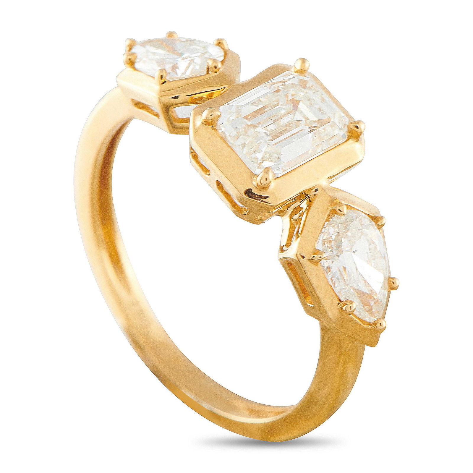 18K Yellow Gold 1.76ct Diamond Ring: A classically elegant design ensures that this luxury ring will never go out of style. At the center, a 1.01 carat Diamond effortlessly catches the light. Pear-shaped Diamonds with a total weight of 0