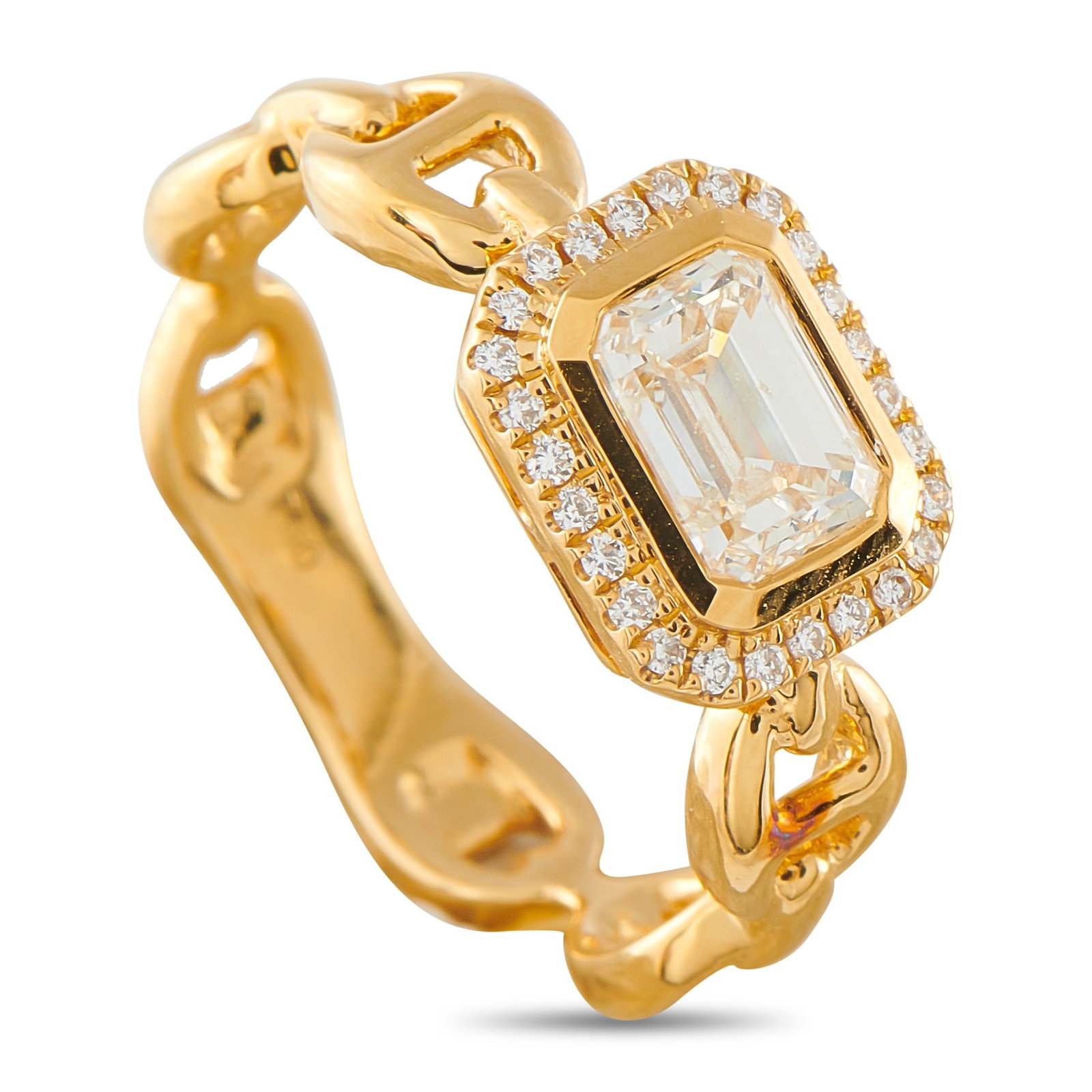 18K Yellow Gold 1.23ct Diamond Ring: A detailed 18K Yellow Gold setting makes this luxury ring incredibly unique. At the center, a 1.03 carat Diamond center stone is surrounded by a halo of Diamonds totaling 0.20 carats. It features a 3m