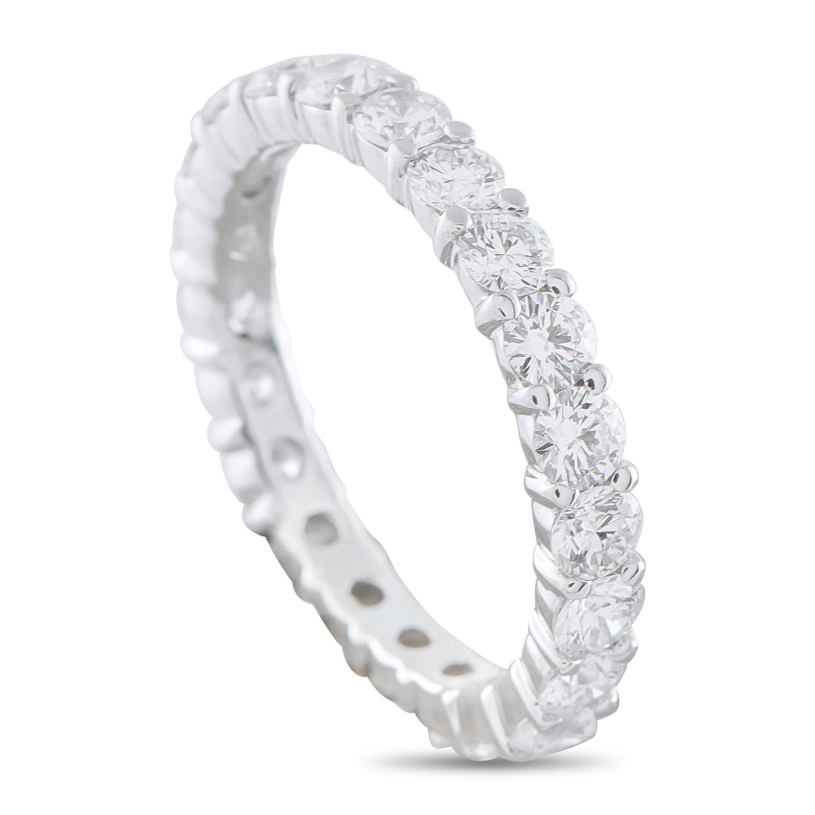 18K White Gold 2.34ct Diamond Eternity Band: This dazzling eternity band ring exudes timeless luxury. Round-cut Diamonds with a total weight of 2.34 carats cover the entirety of the simple 18K White Gold setting, allowing this piece to sparkle f