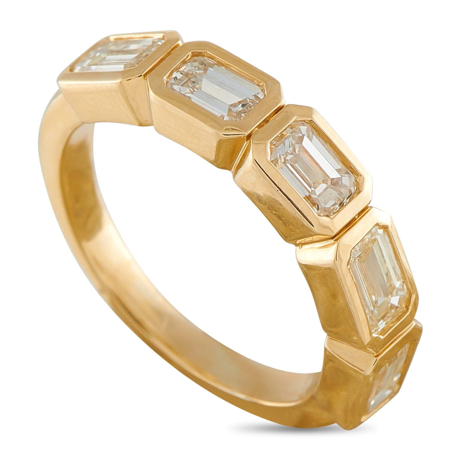 18K Yellow Gold 2.25ct Diamond Ring: This simple, elegant ring exudes timeless luxury. Set in 18K Yellow Gold, a series of sparkling Diamonds totaling 2.25 carats allow it to continually catch the light. This piece features a 2mm wide ba