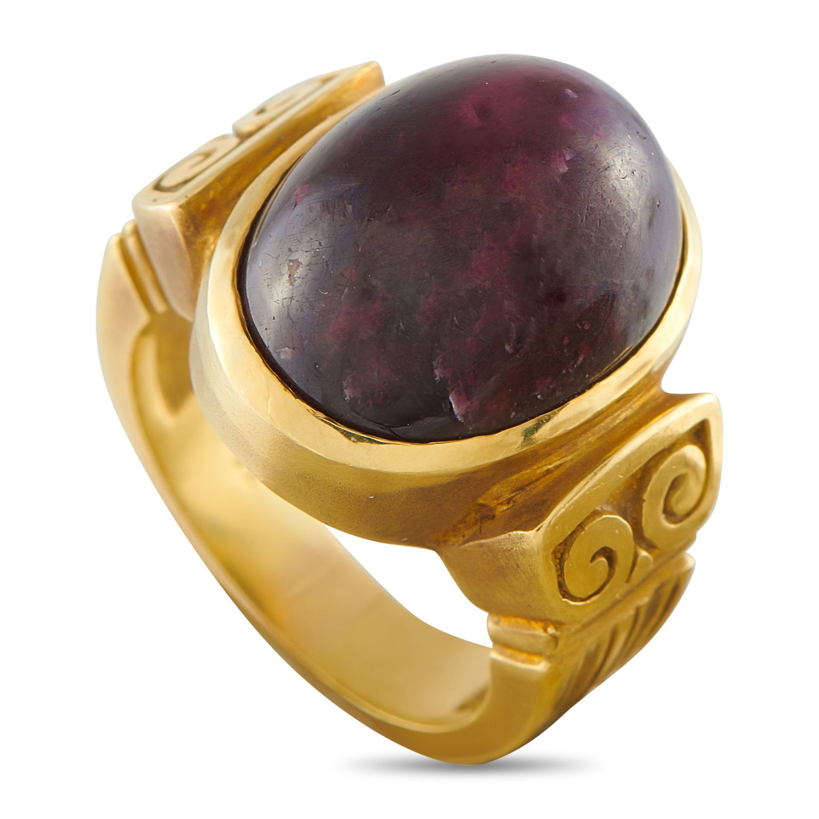 18K Yellow Gold 24.70ct Ruby Ring: This ring exudes vintage elegance. Opulent scrollwork accents the 18K Yellow Gold setting, while a captivating 24.70 carat Ruby cabochon makes a statement at the center. This piece features a 4mm wide