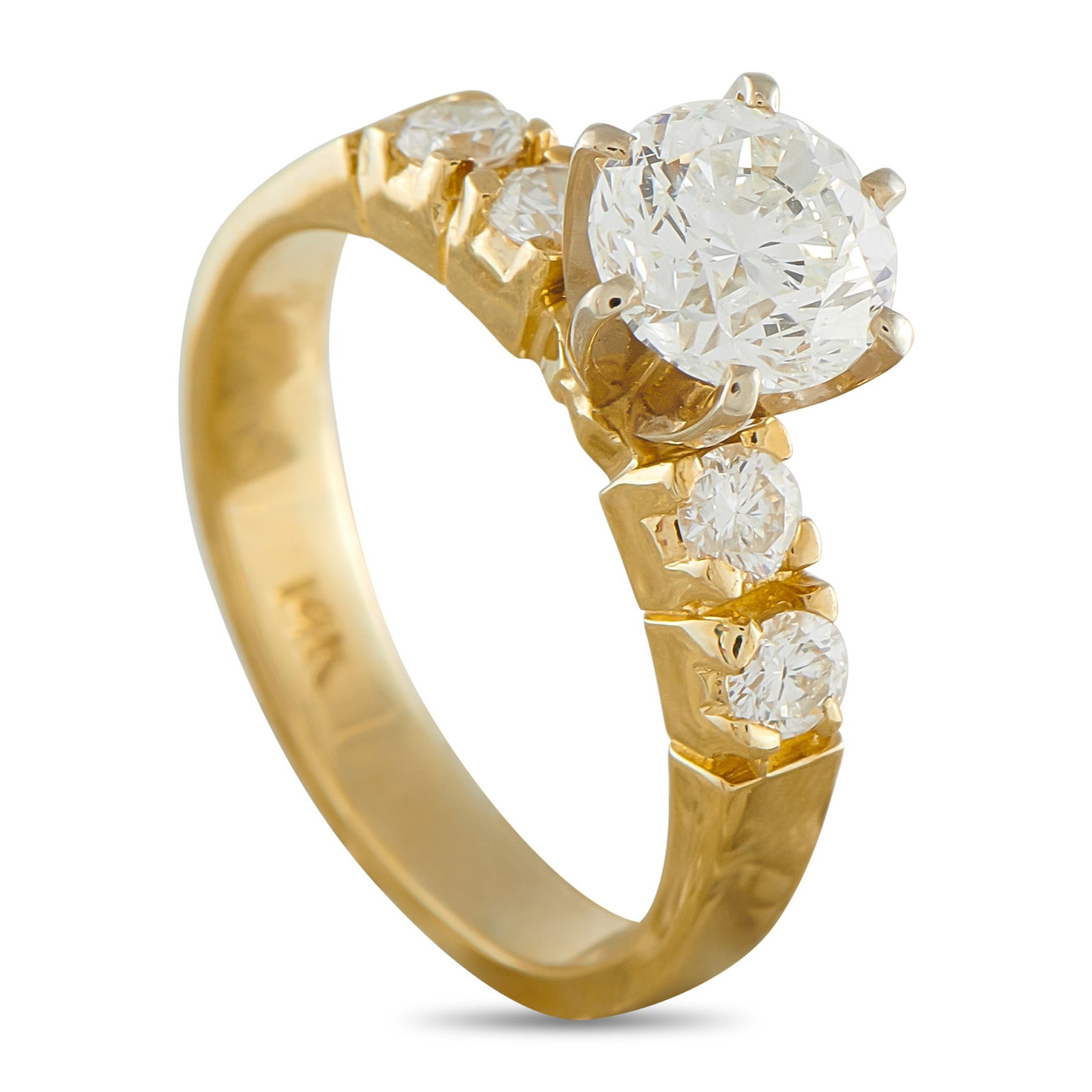 14K Yellow Gold 1.55ct Diamond Ring: This ring is meant to continually captivate. The understated 14K Yellow Gold setting perfectly showcases the round-cut 1.15 carat Diamond center stone. Additional Diamonds with a total weight of 0.40 