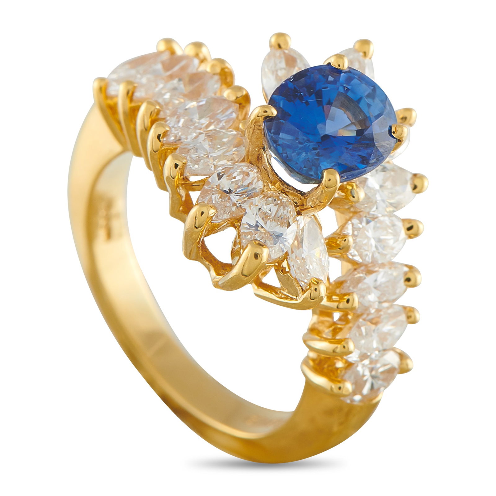 18K Yellow Gold 2.55ct Diamond and Sapphire Ring: A delicate 18K Yellow Gold setting provides this piece with a stunning sense of movement. Diamonds with a total weight of 2.55 carats allow this piece to continually catch the light, while the 2.09 ca